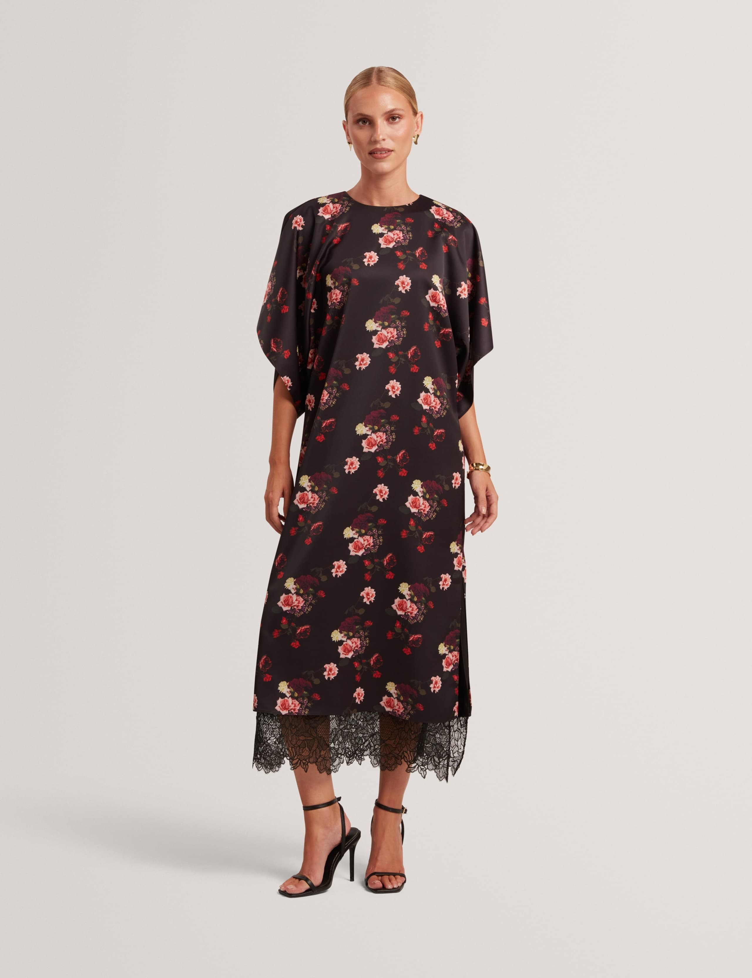 Floral Batwing Lace Trim Midi Dress 1 of 7