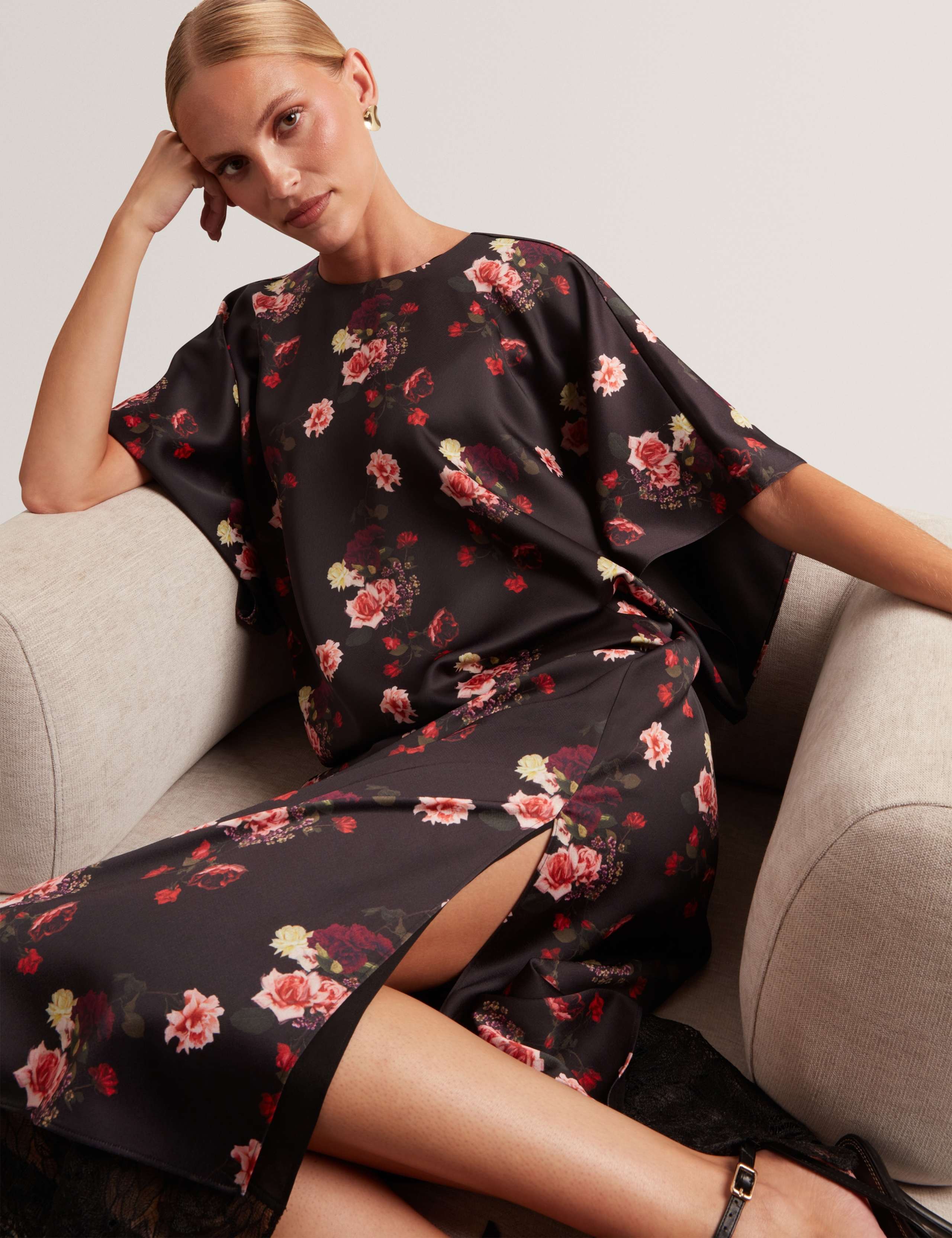 Floral Batwing Lace Trim Midi Dress 3 of 7
