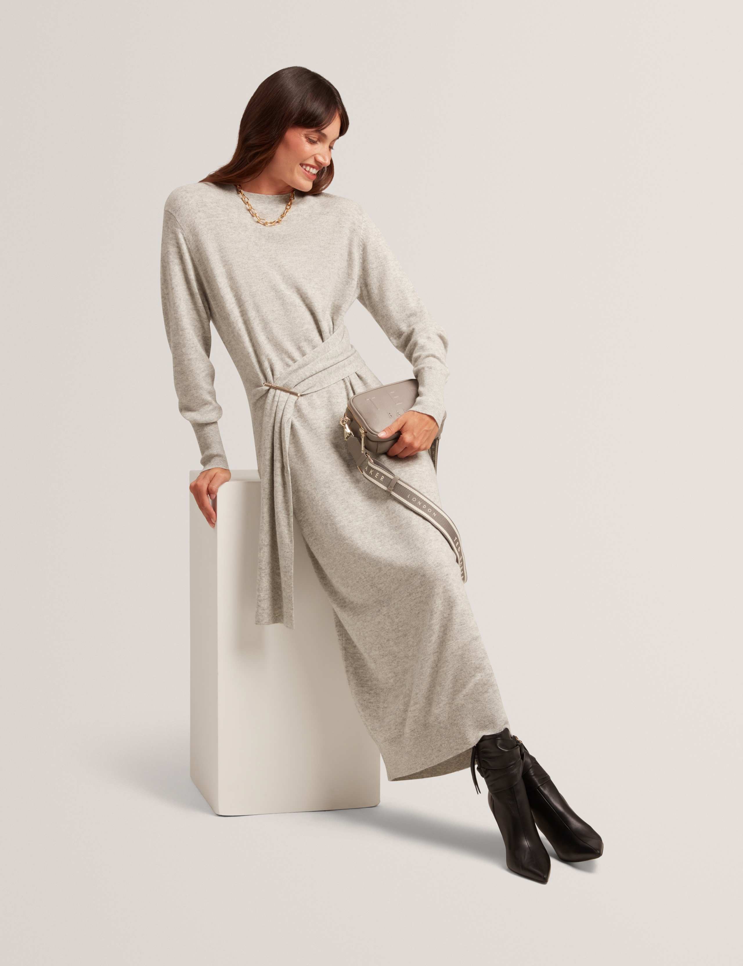 Wool Blend Drape Detail Midi Jumper Dress 3 of 7