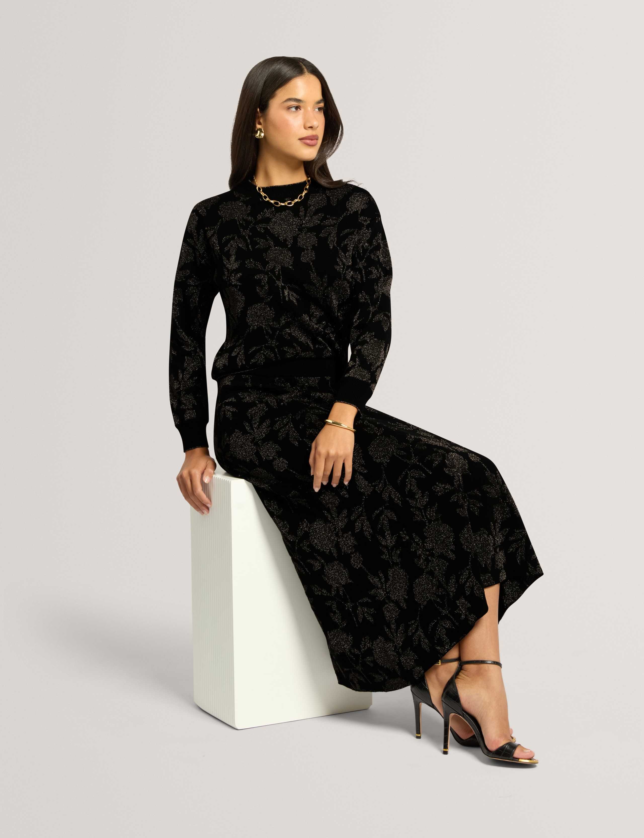Wool Rich Jacquard Floral Midi A-Line Skirt 3 of 7