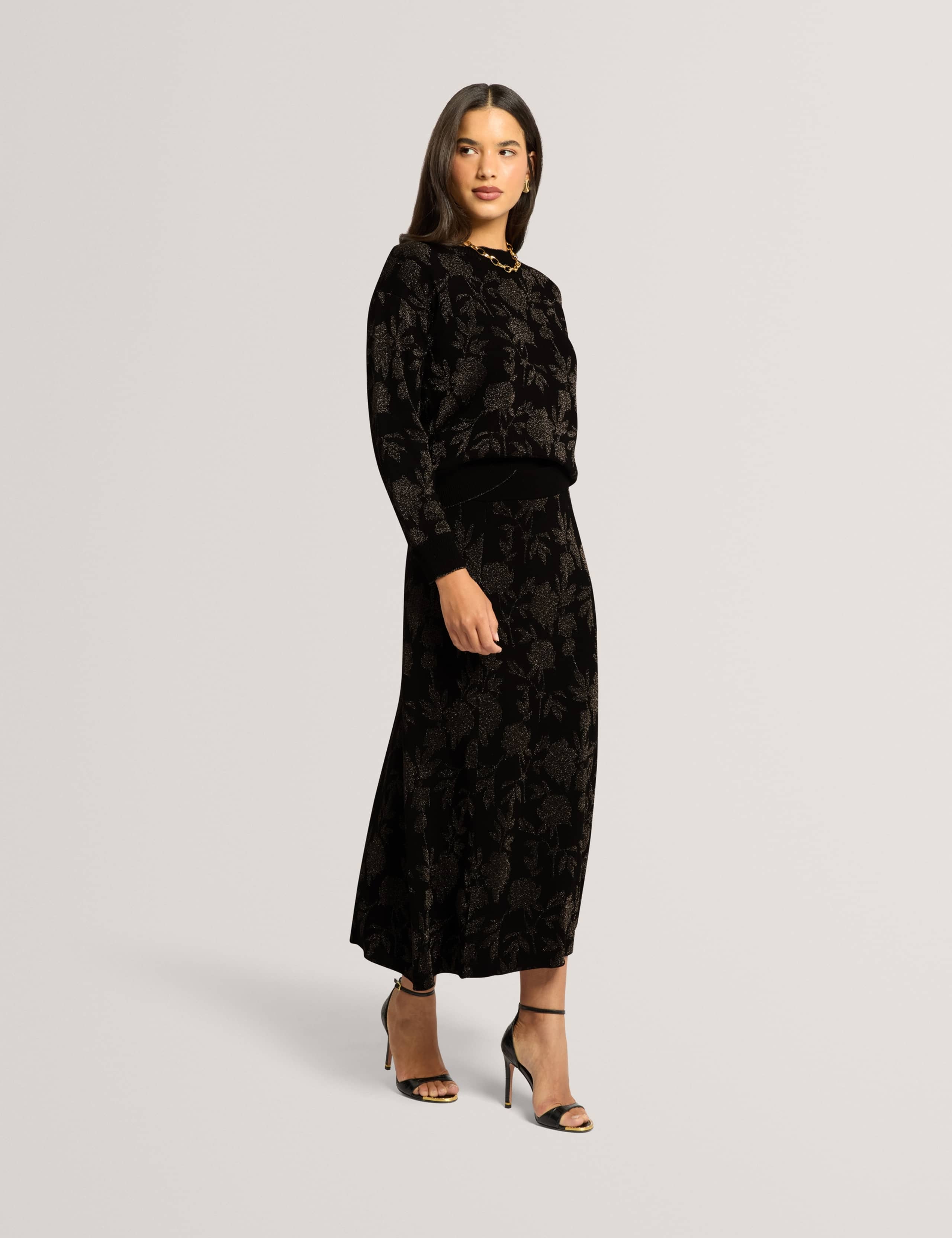 Wool Rich Jacquard Floral Midi A-Line Skirt 5 of 7