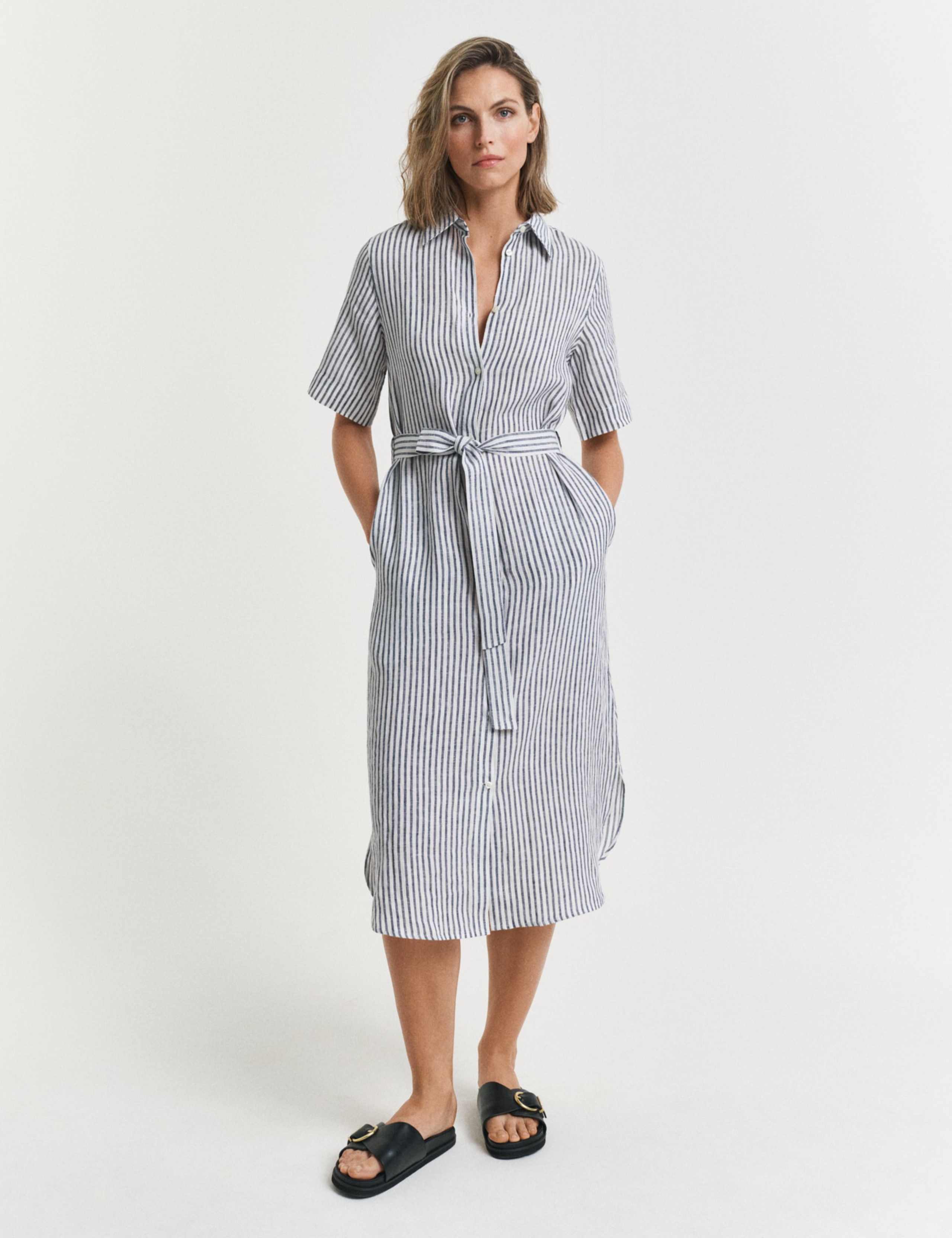 Pure Linen Striped Knee Length Shirt Dress 1 of 4