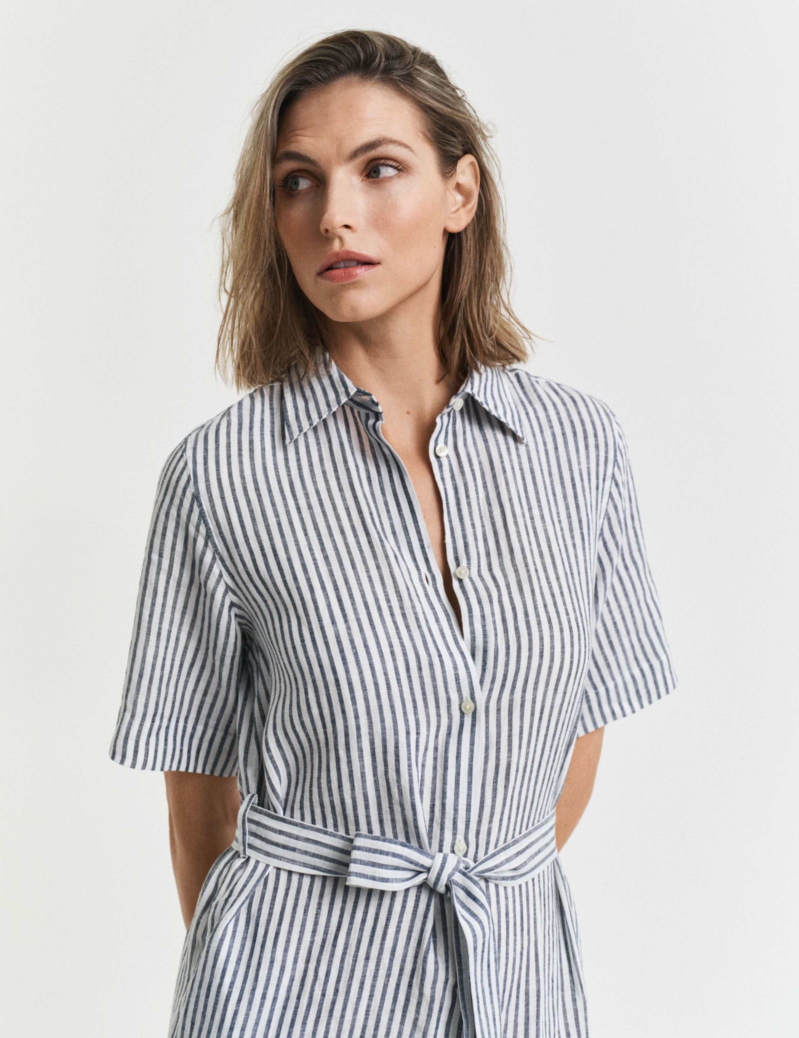 Pure Linen Striped Knee Length Shirt Dress 2 of 4