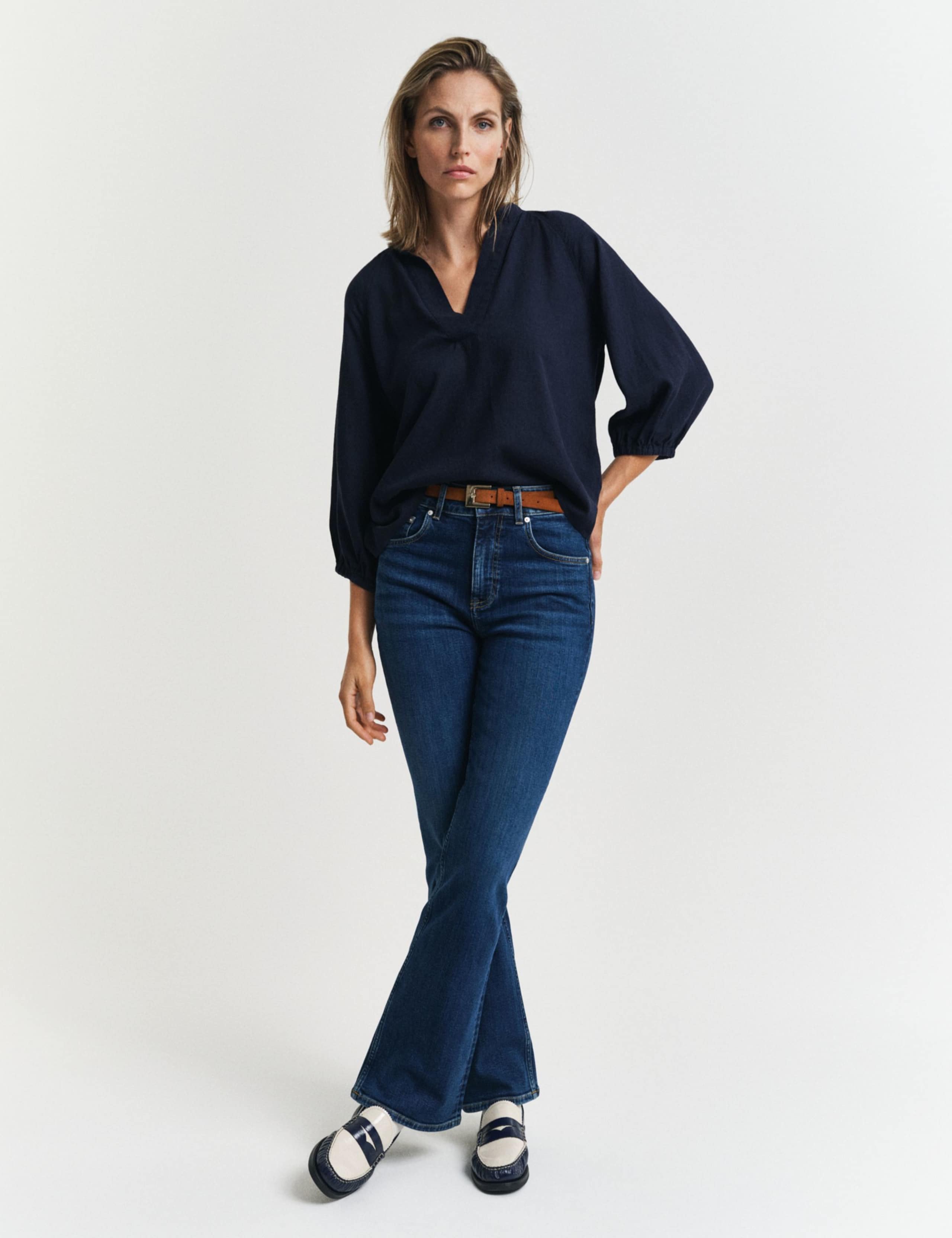 Linen Blend Notch Neck Stand Collar Blouse 2 of 4