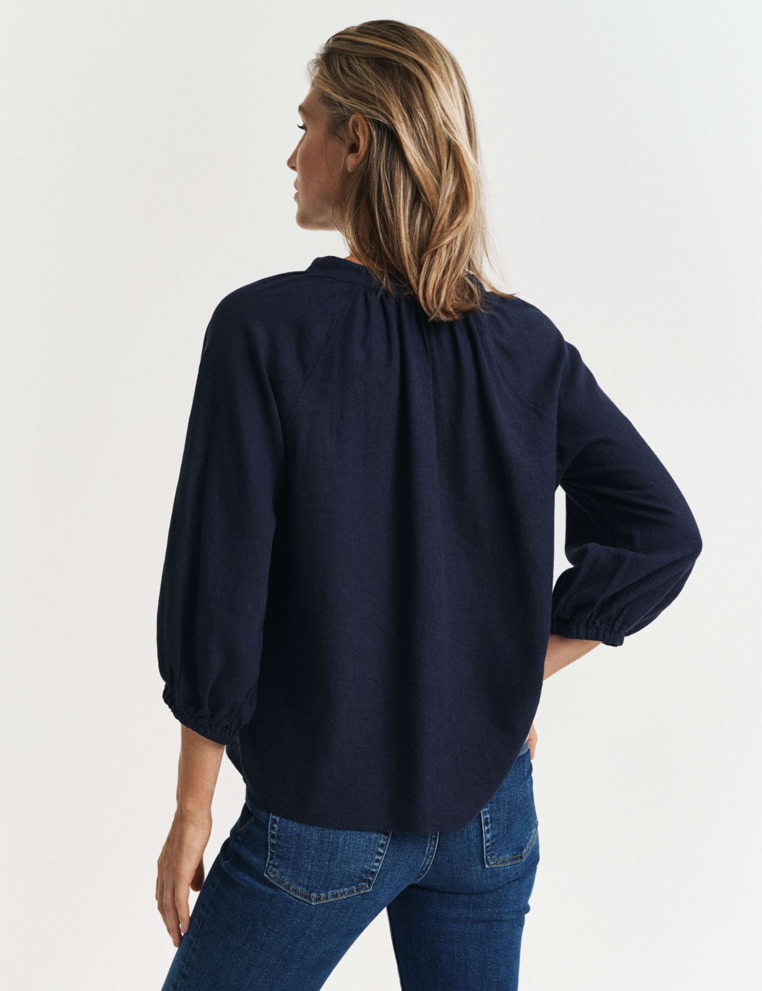 Linen Blend Notch Neck Stand Collar Blouse 3 of 4