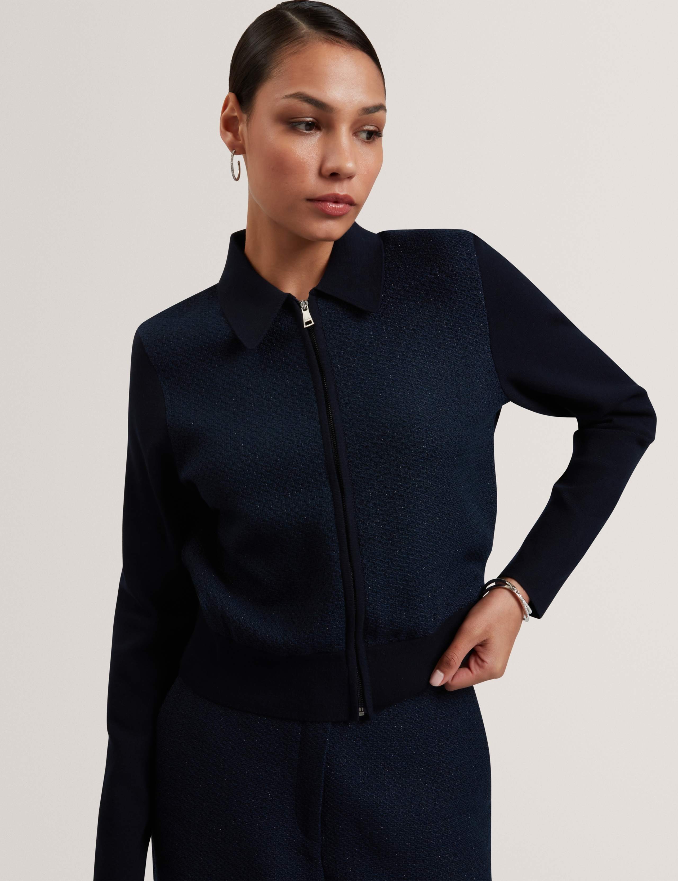 Metallic Collared Zip Up Cardigan 1 of 7