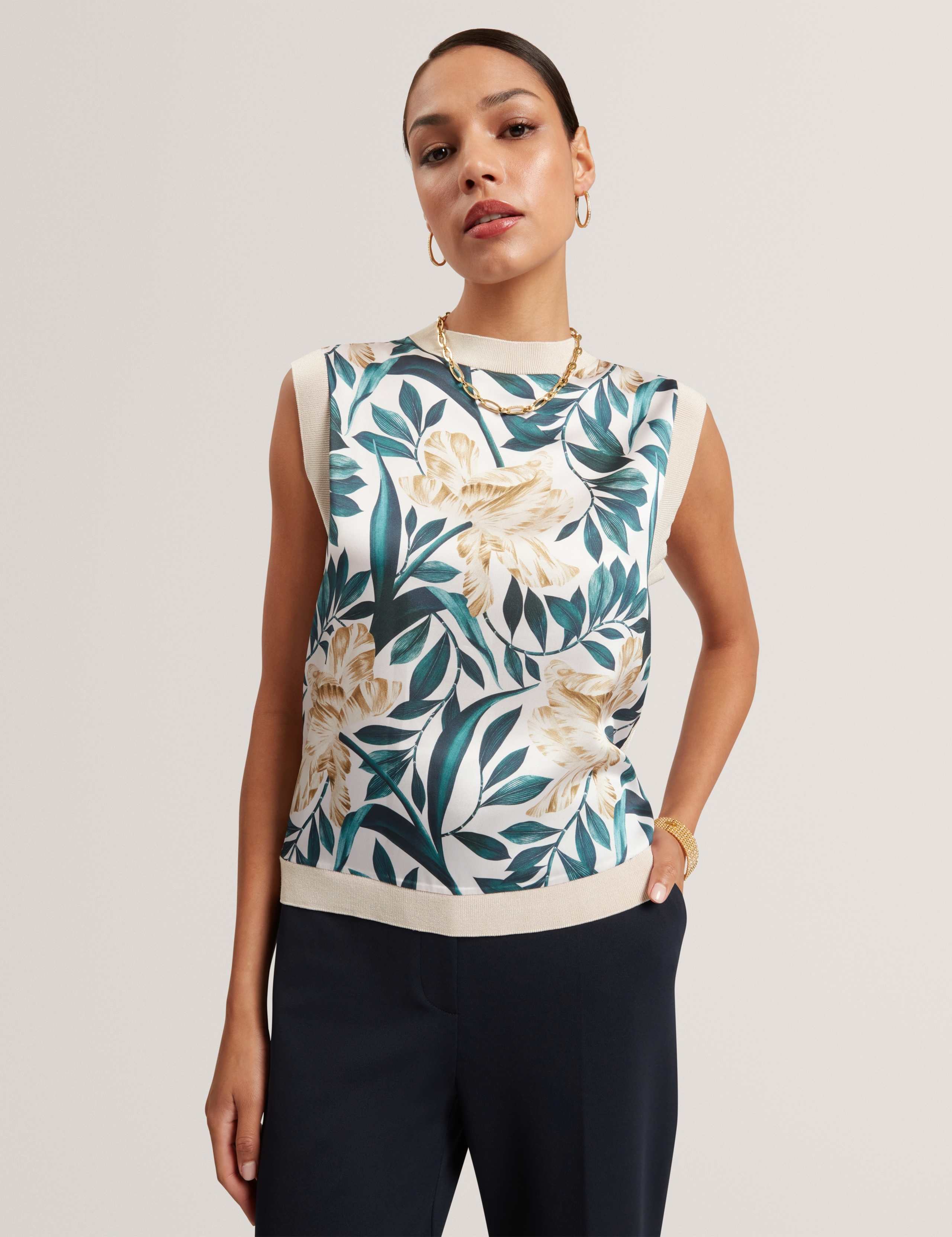 Floral Crew Neck Woven Front Vest Top 1 of 6
