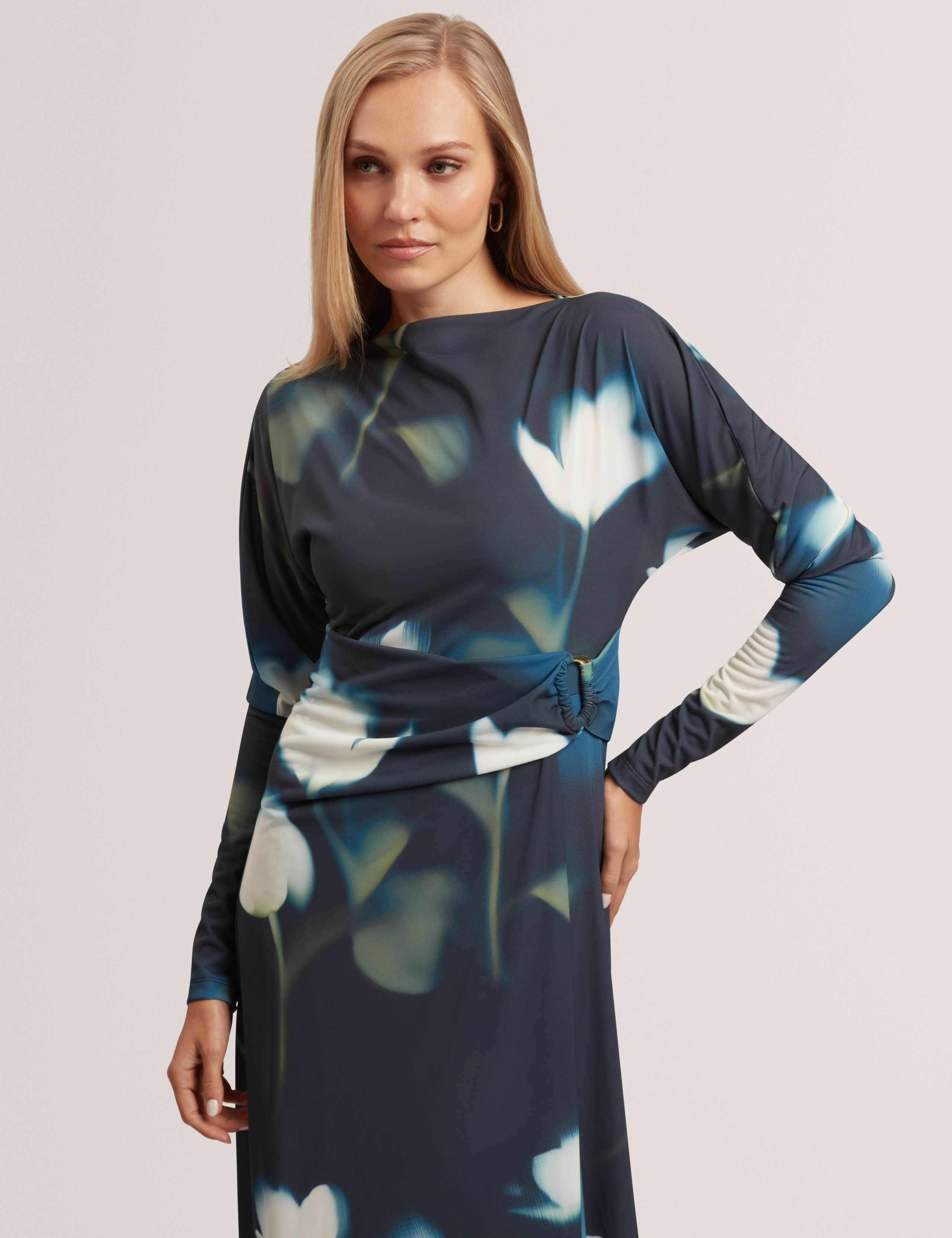 Jersey Floral Slash Neck Midi Wrap Dress 3 of 7