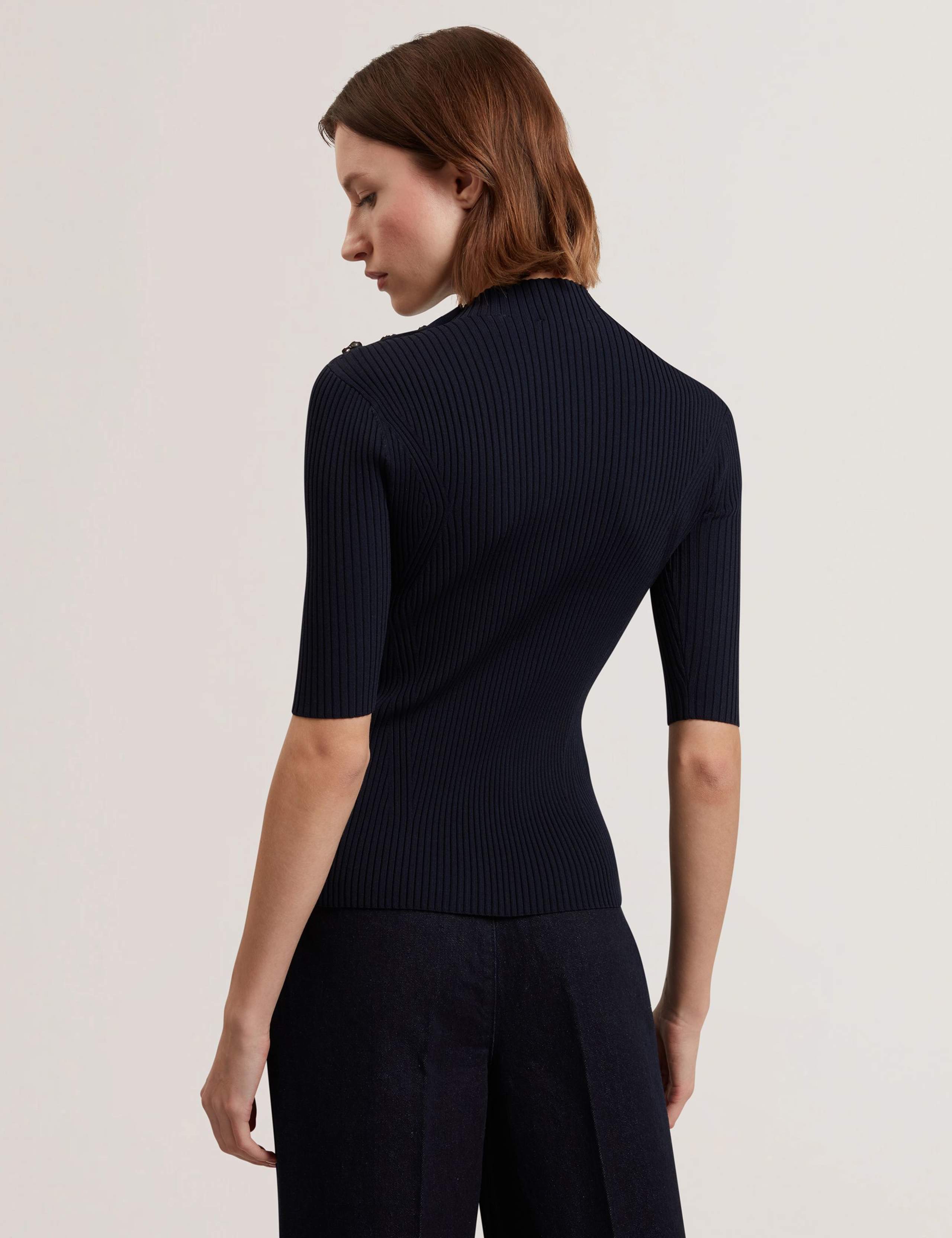 Ribbed High Neck Button Detail Top 4 of 6