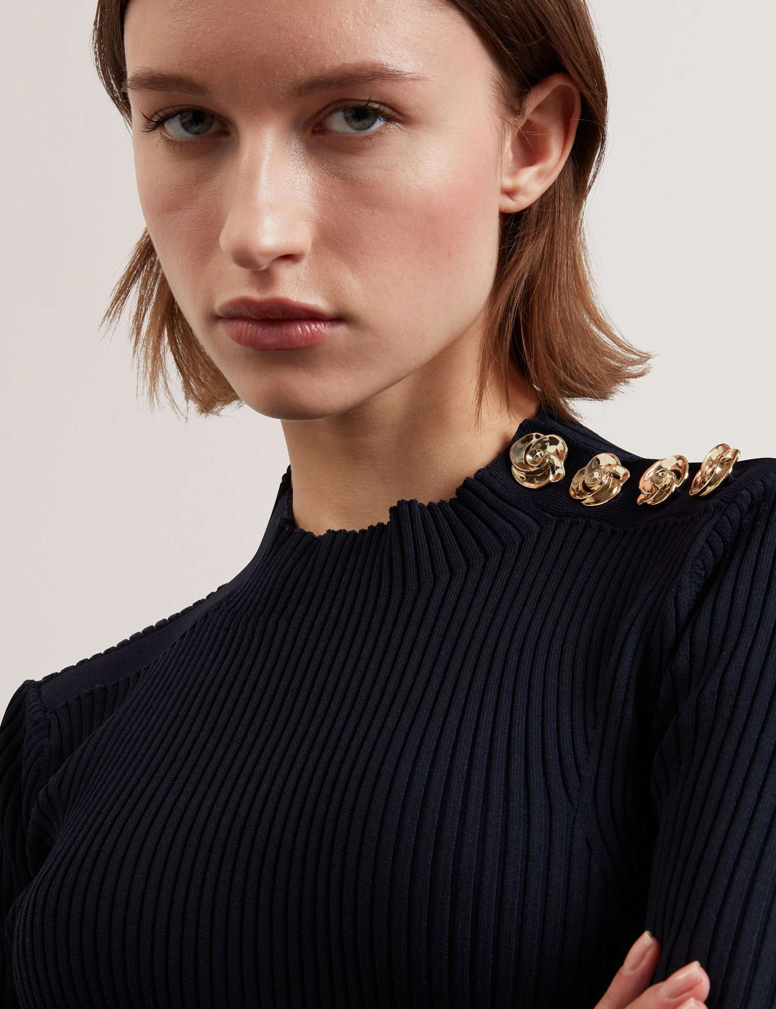 Ribbed High Neck Button Detail Top 5 of 6