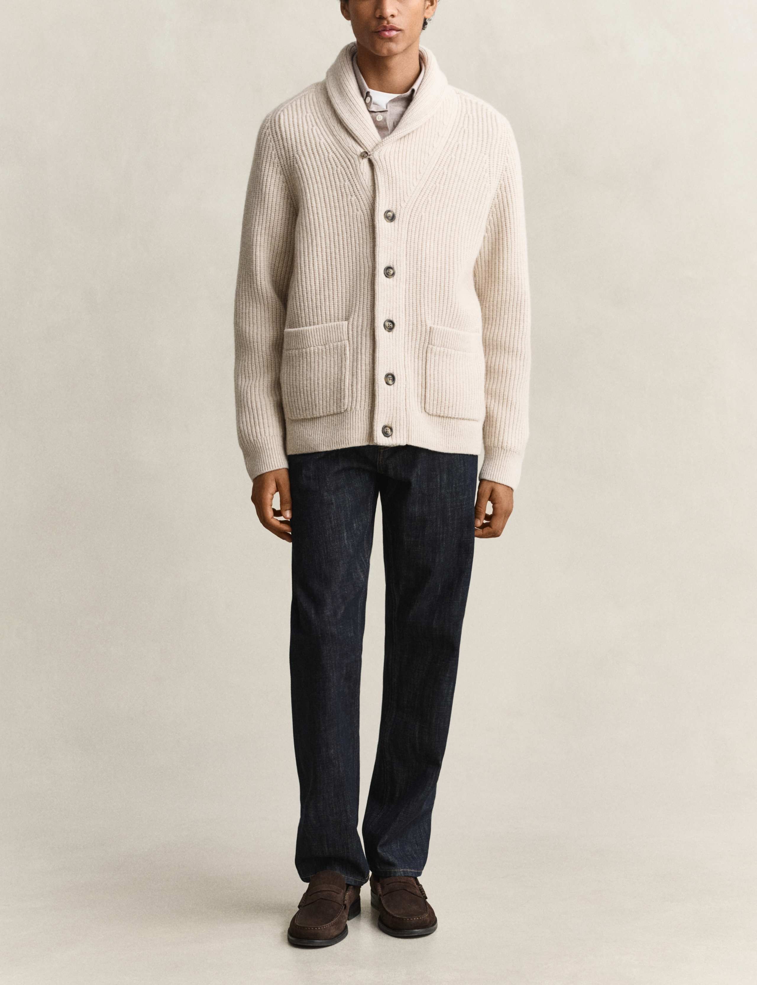 Lambswool Blend Ribbed Shawl Collar Cardigan 3 of 6