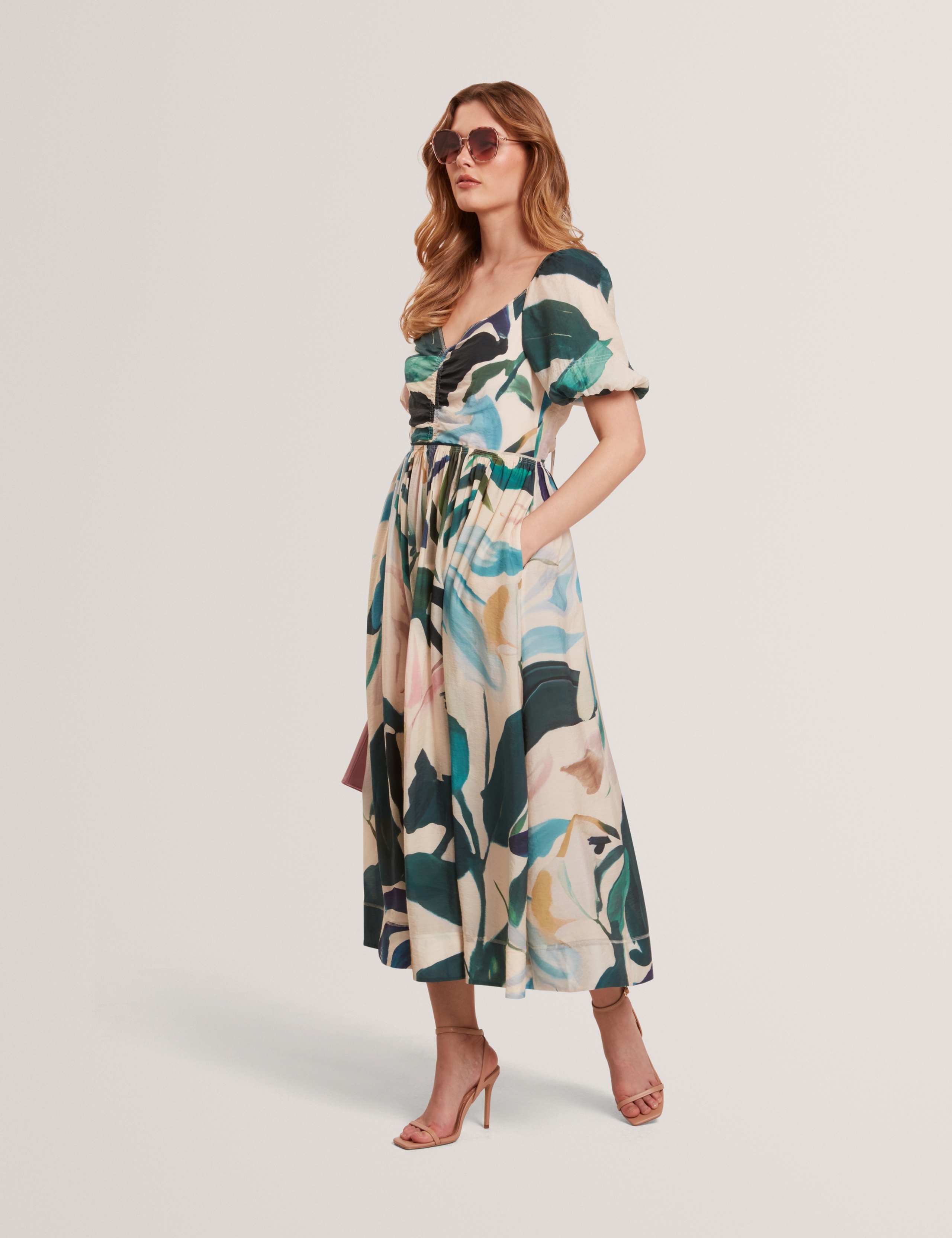 Lyocell Rich Printed Puff Sleeve Midi Dress 1 of 7