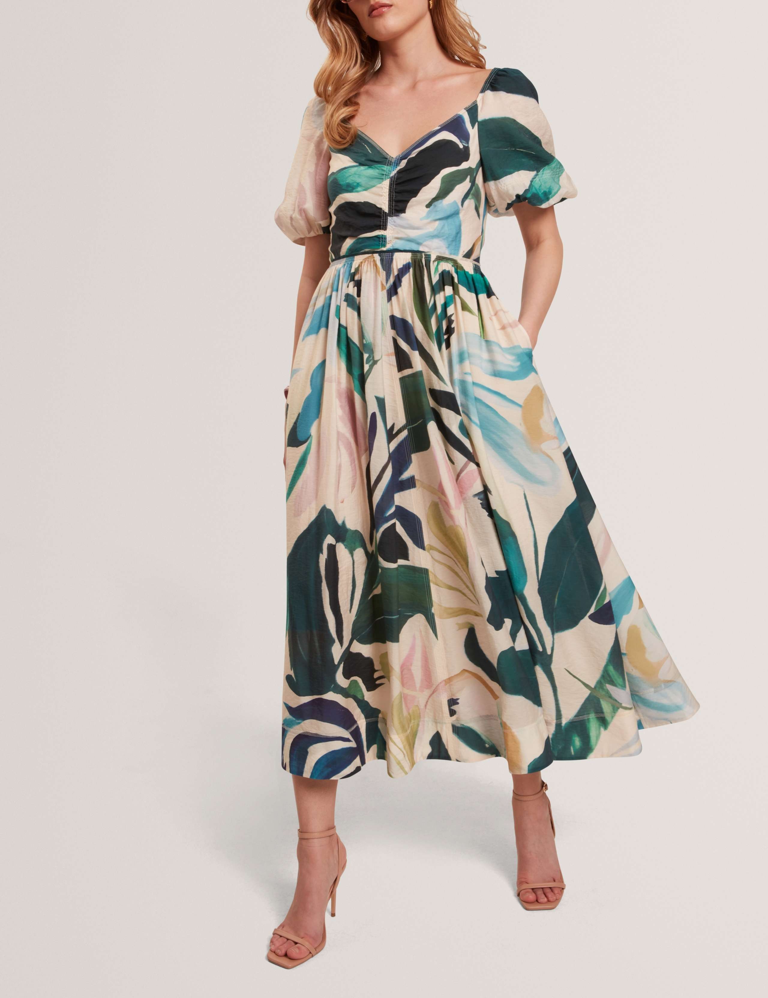 Lyocell Rich Printed Puff Sleeve Midi Dress 3 of 7