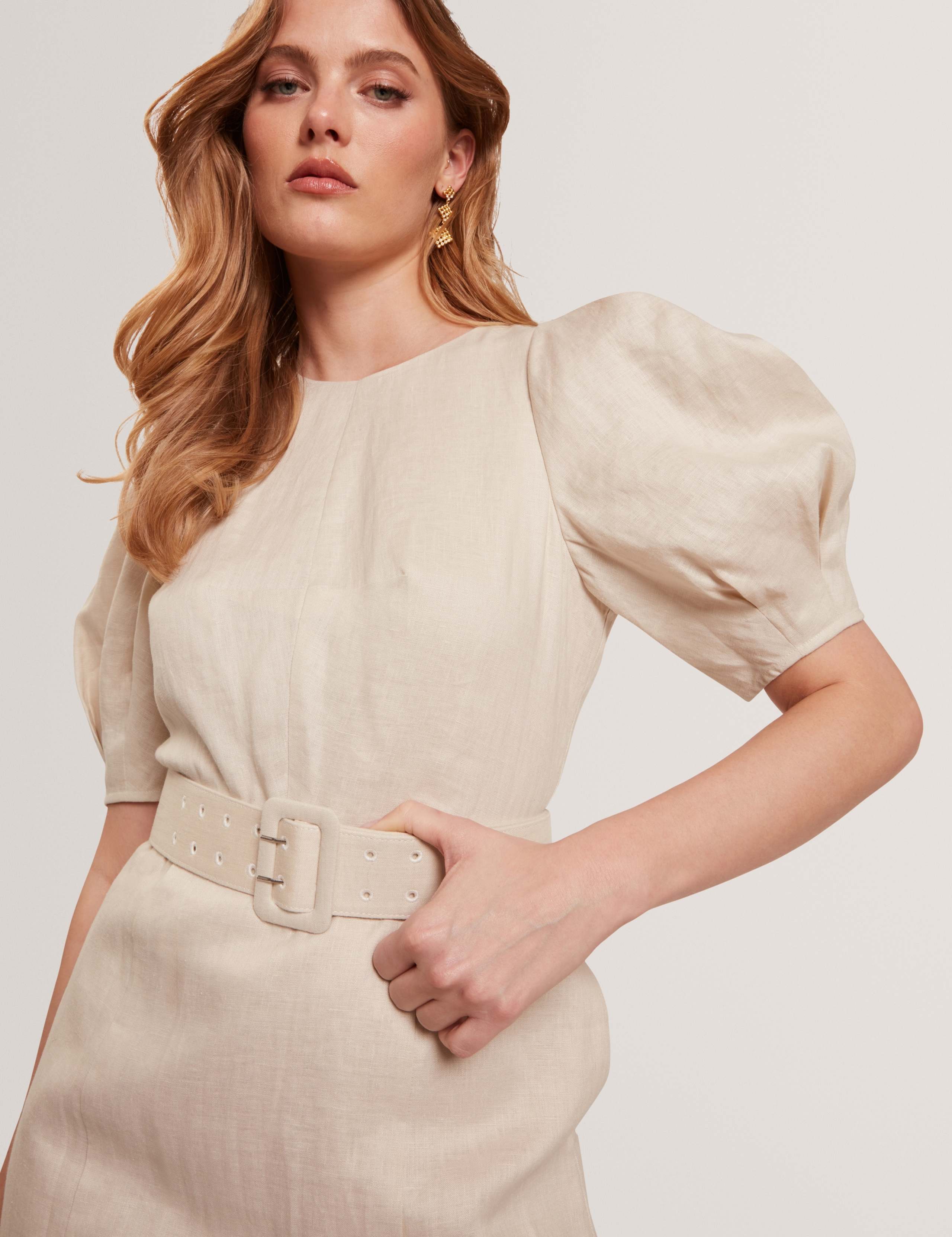 Belted Puff Sleeve Midi Tailored Dress 4 of 7