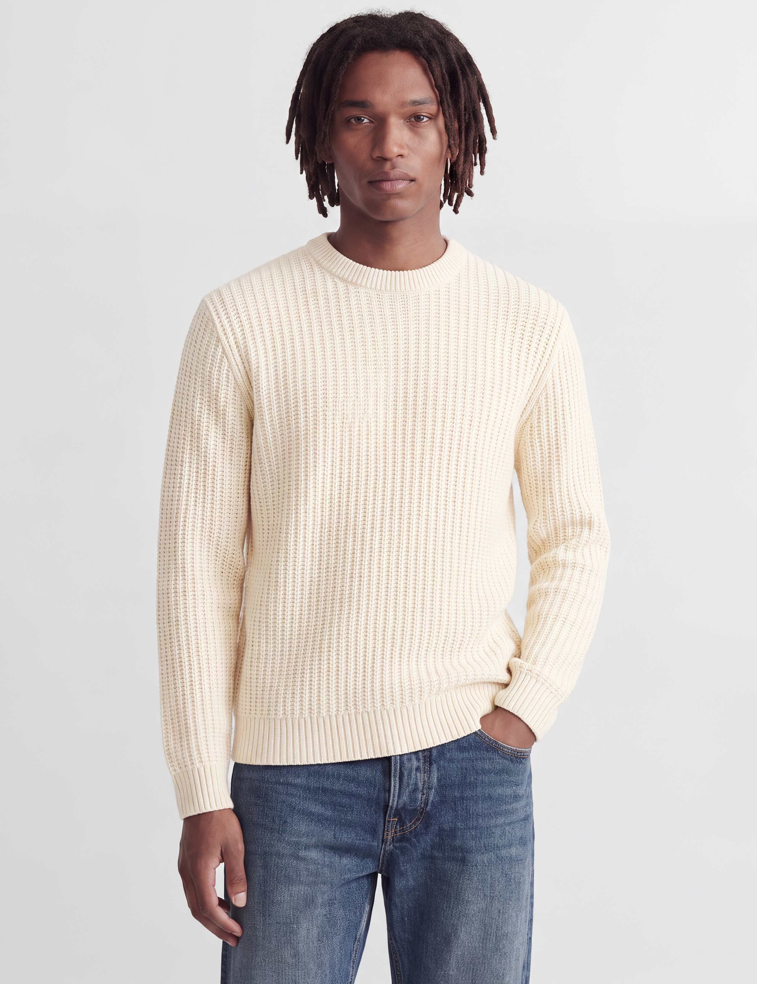 Cotton Blend Cable Crew Neck Fisherman Jumper 1 of 8