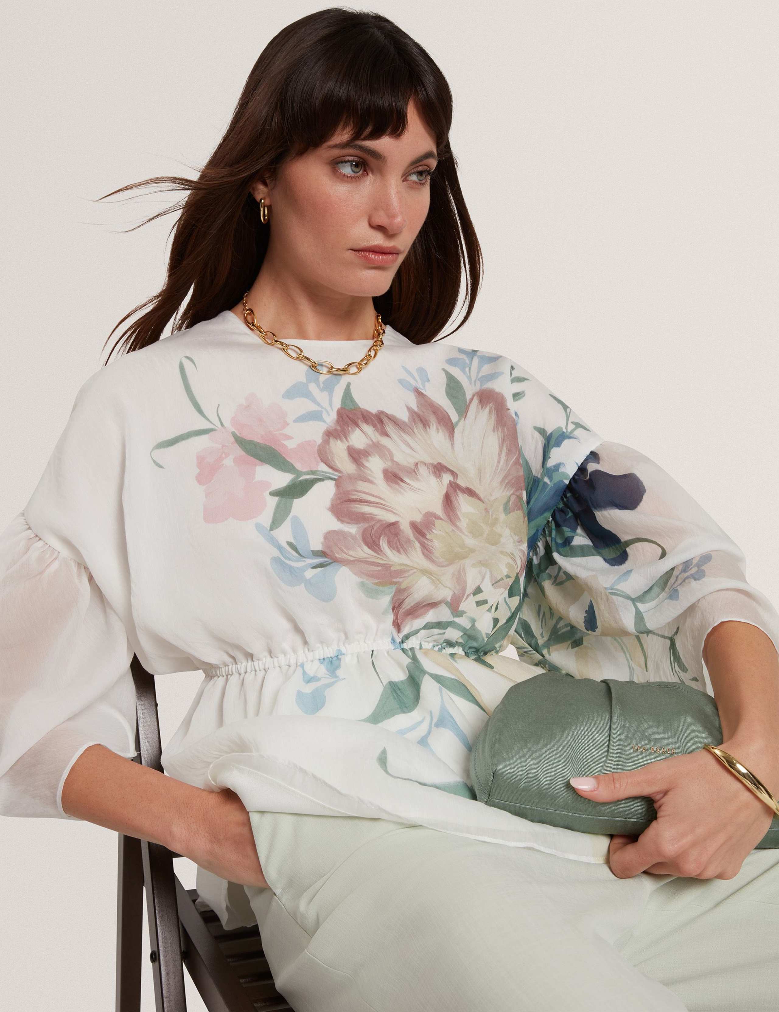 Lyocell Rich Floral Puff Sleeve Peplum Top 3 of 7