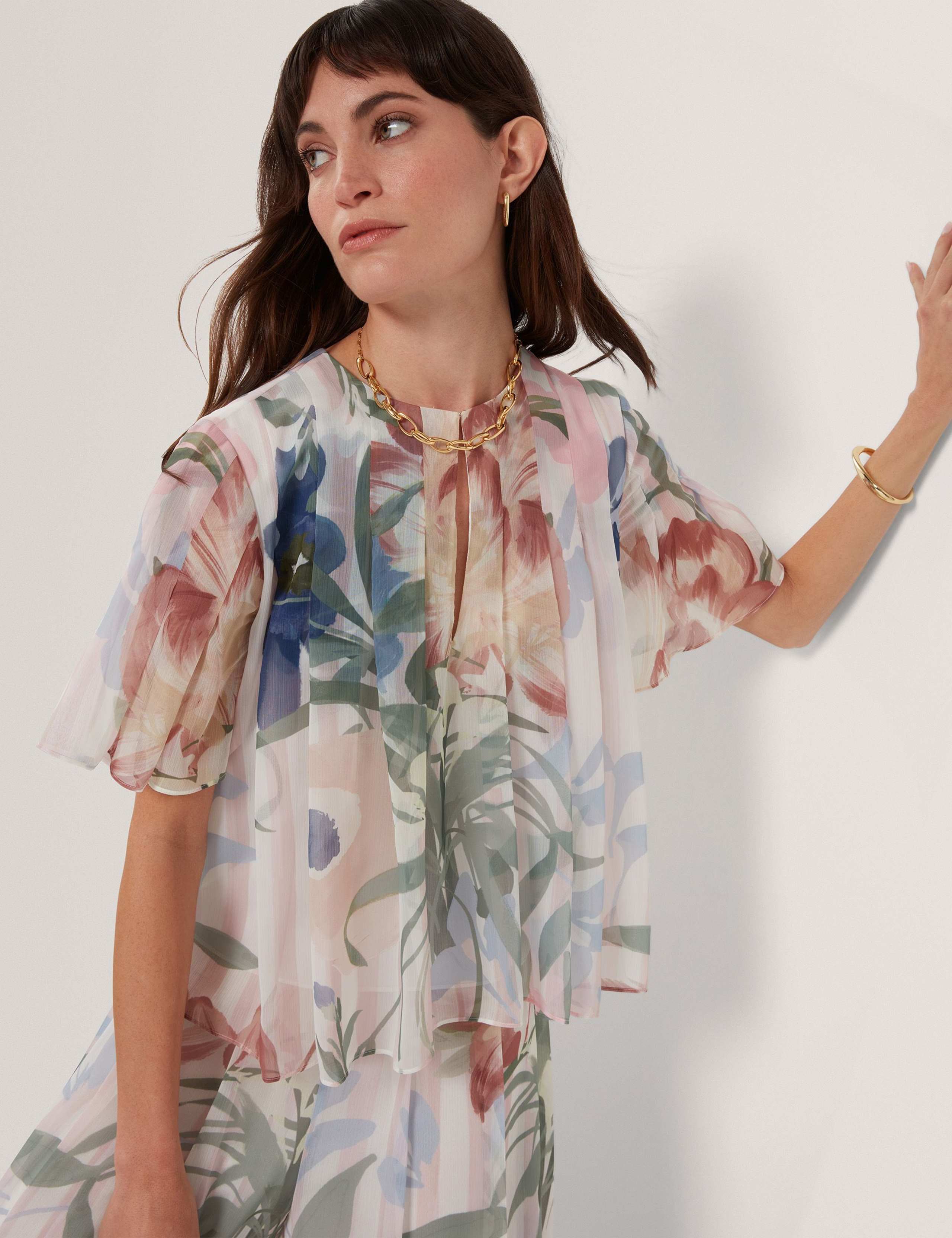 Botanical Print Pleated Angel Sleeve Top 3 of 7