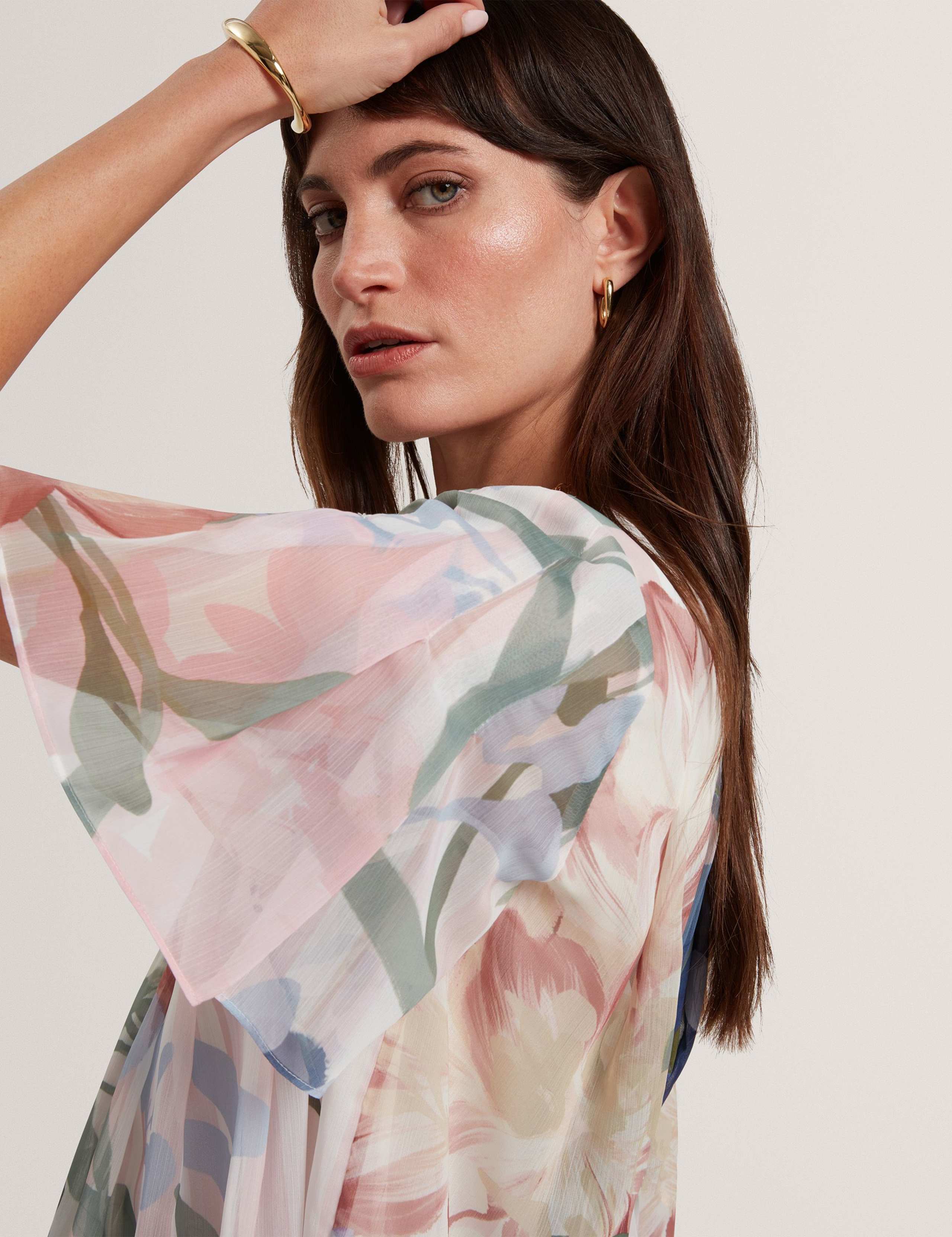 Botanical Print Pleated Angel Sleeve Top 4 of 7