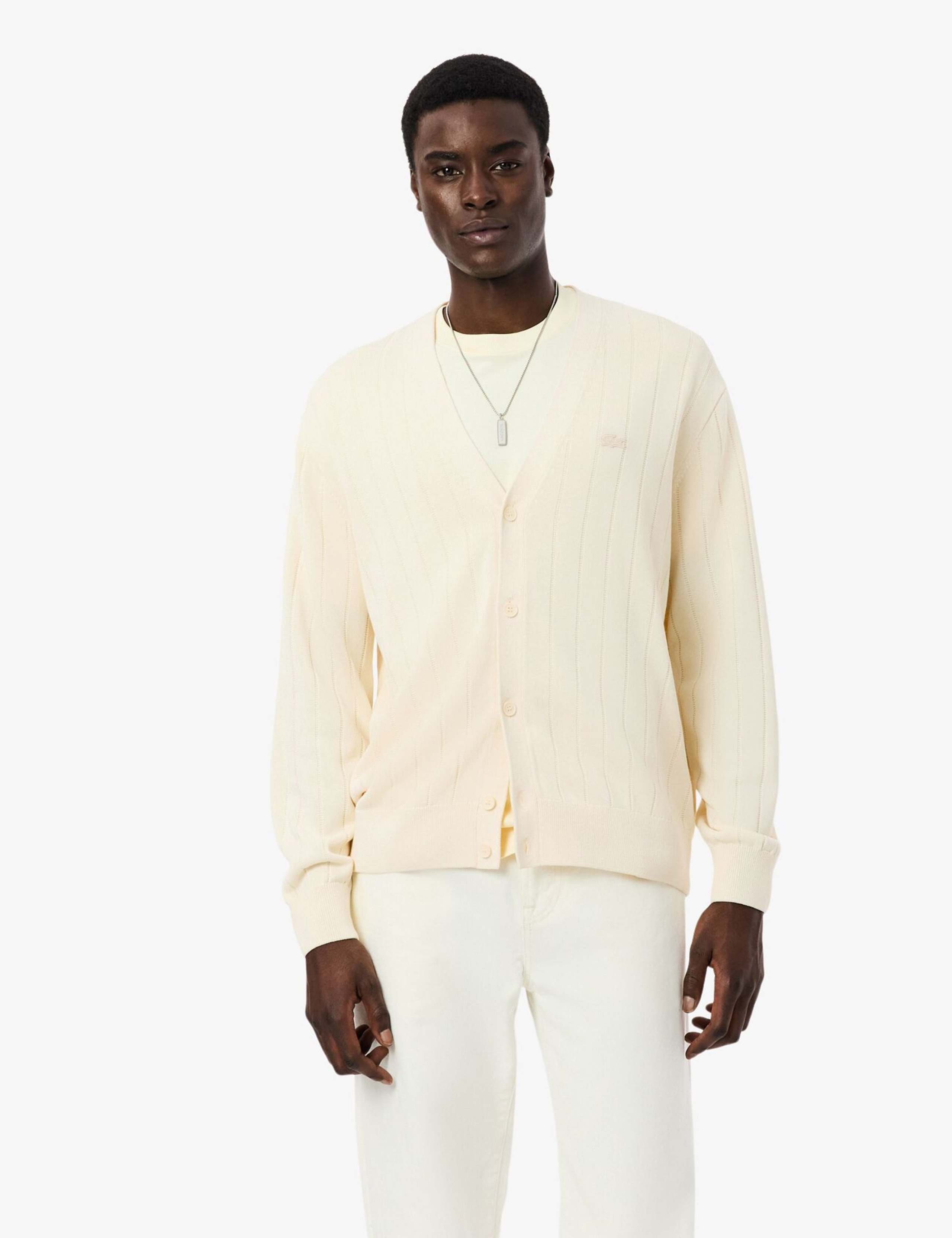 Cotton Blend Ribbed V-Neck Cardigan 1 of 7