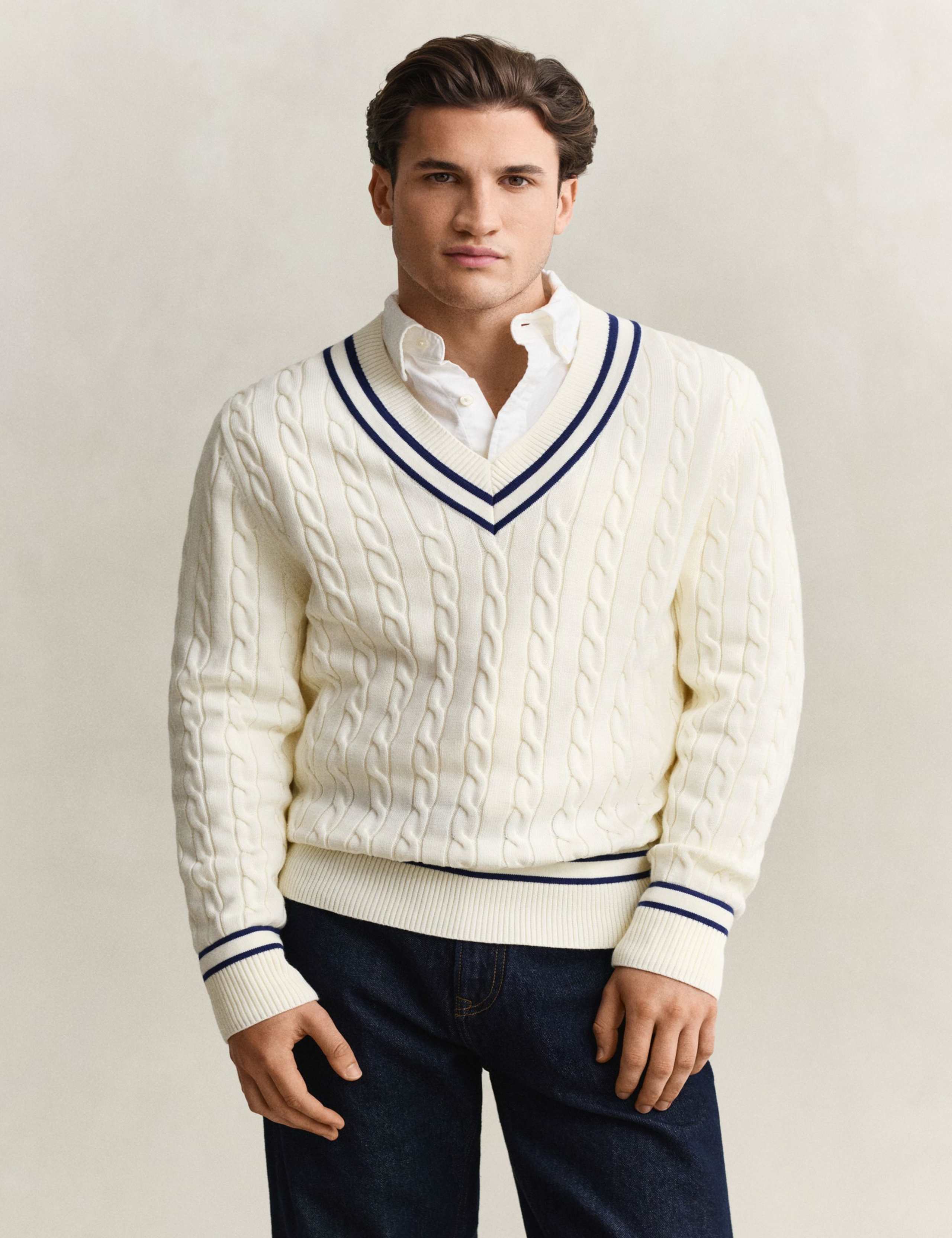 Pure Cotton Cable V-Neck Jumper 1 of 5