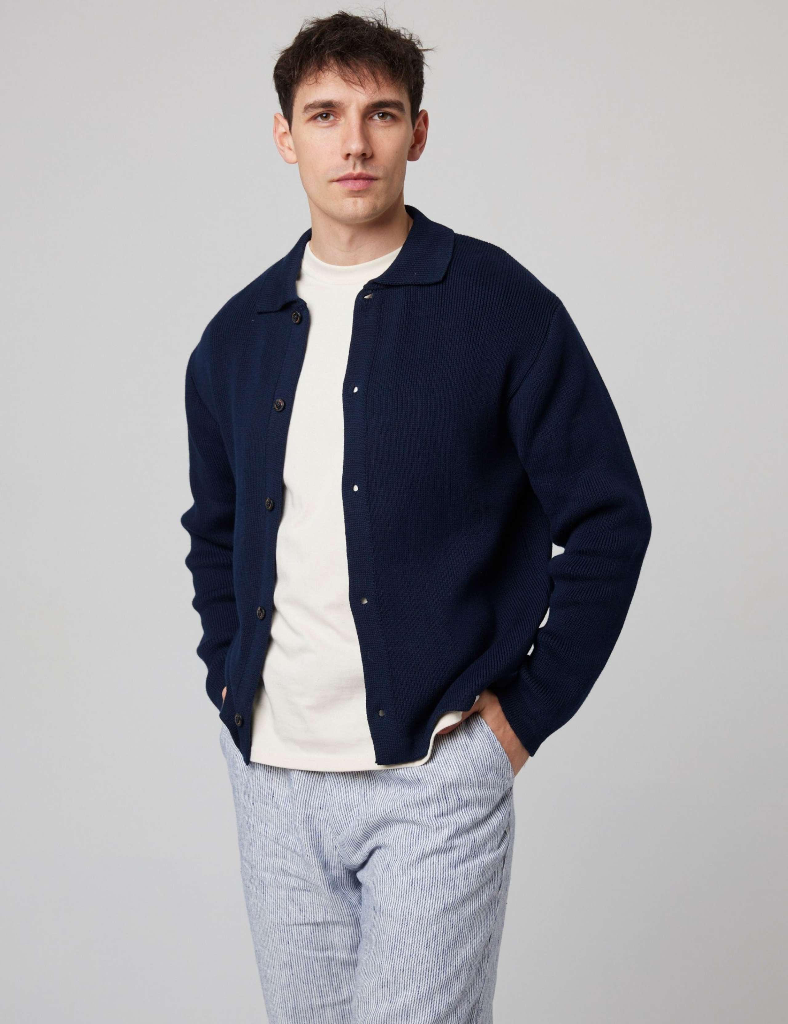 Pure Cotton Ribbed Collared Neck Cardigan 1 of 6