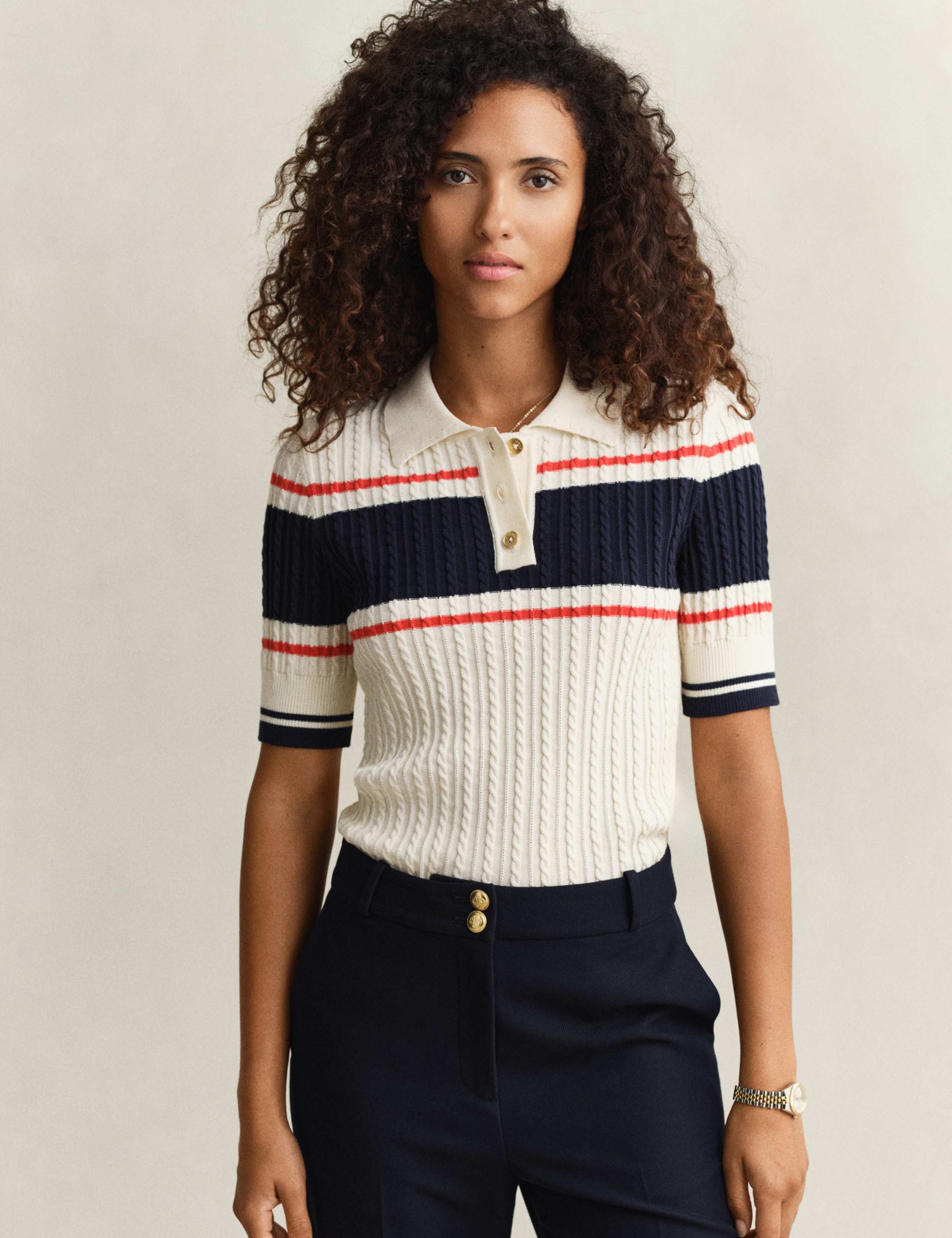 Pure Cotton Cable Knit Striped Knitted Top 1 of 6