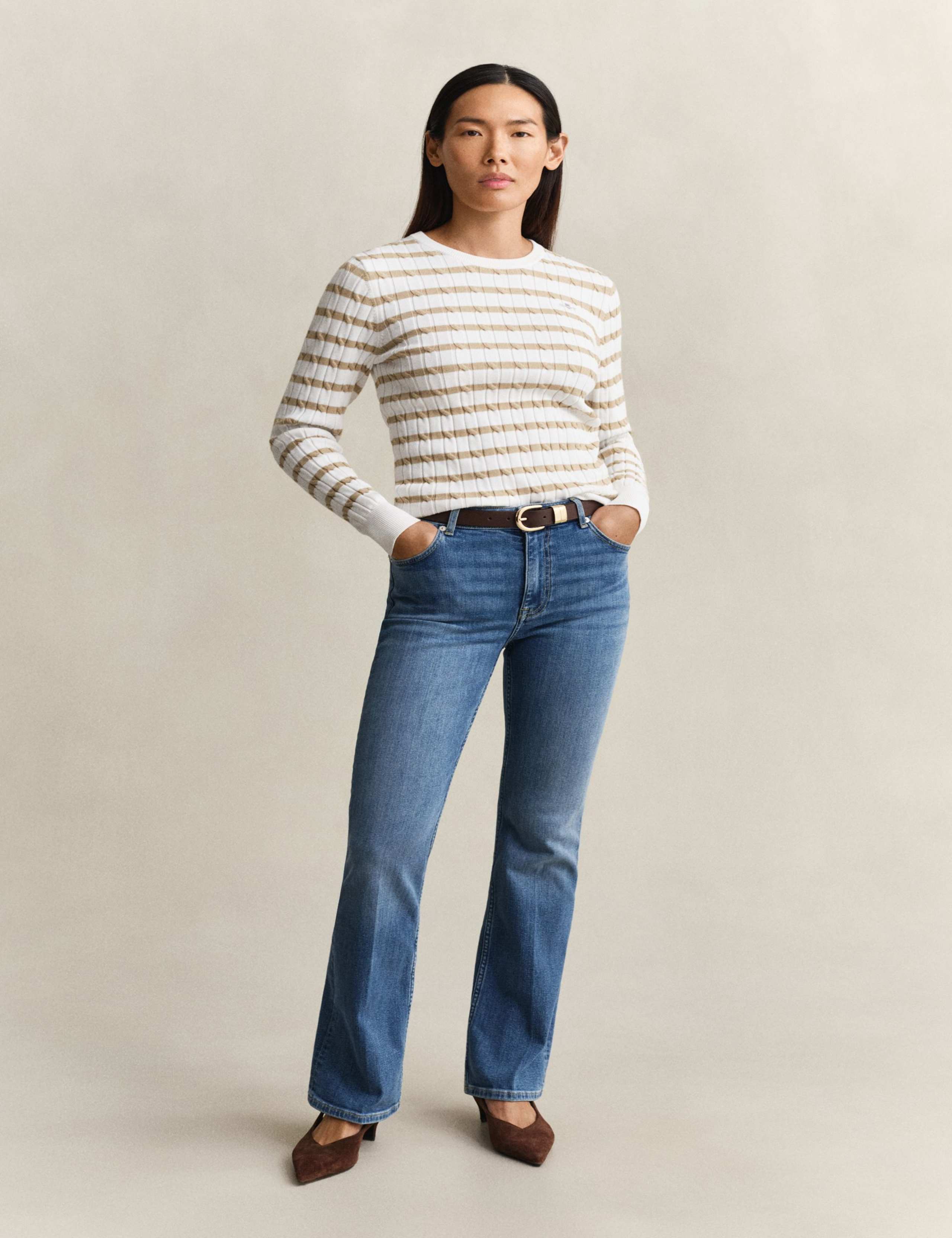 Cotton Rich Cable Striped Crew Neck Jumper 3 of 5