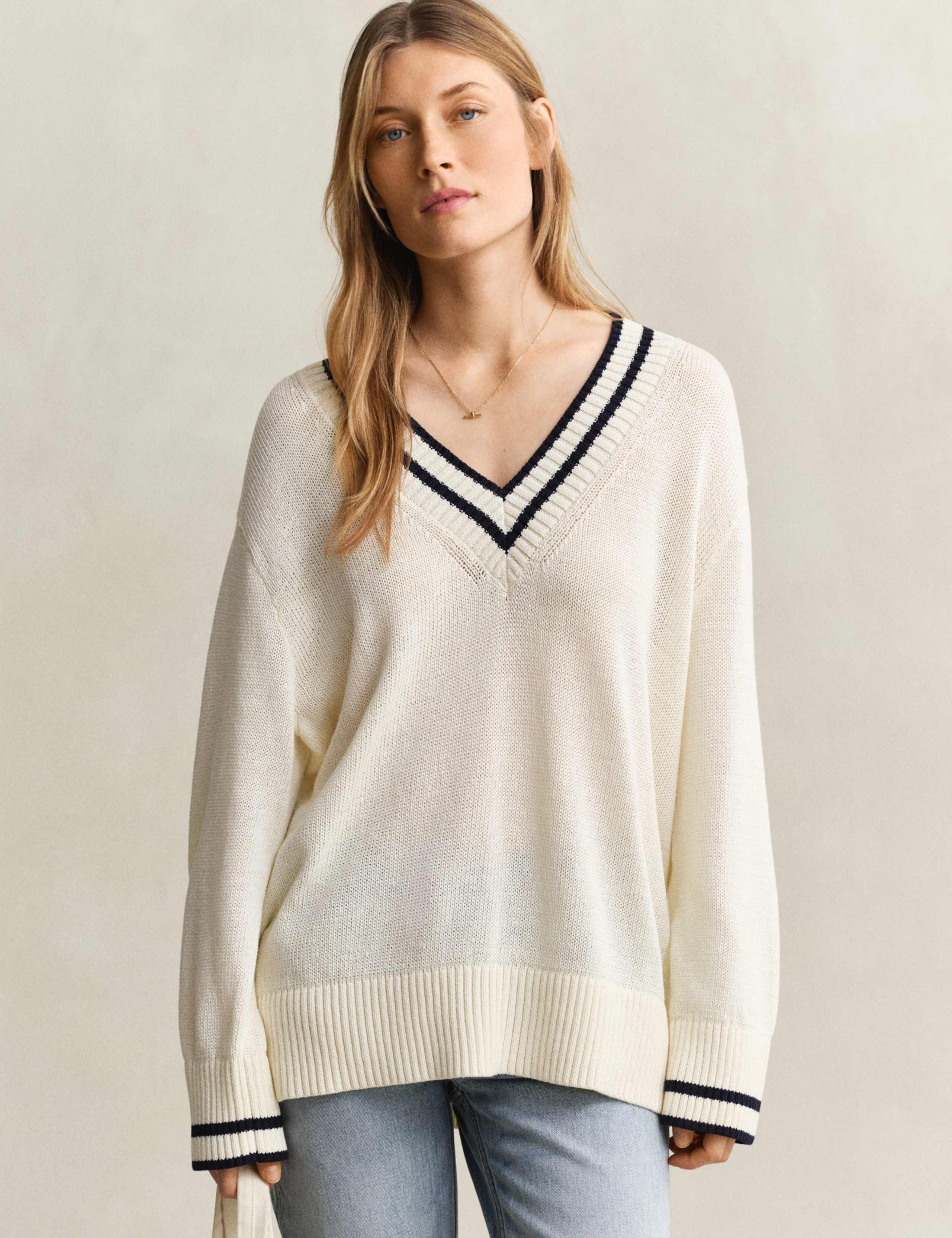 Pure Cotton Ribbed V-Neck Jumper 1 of 7