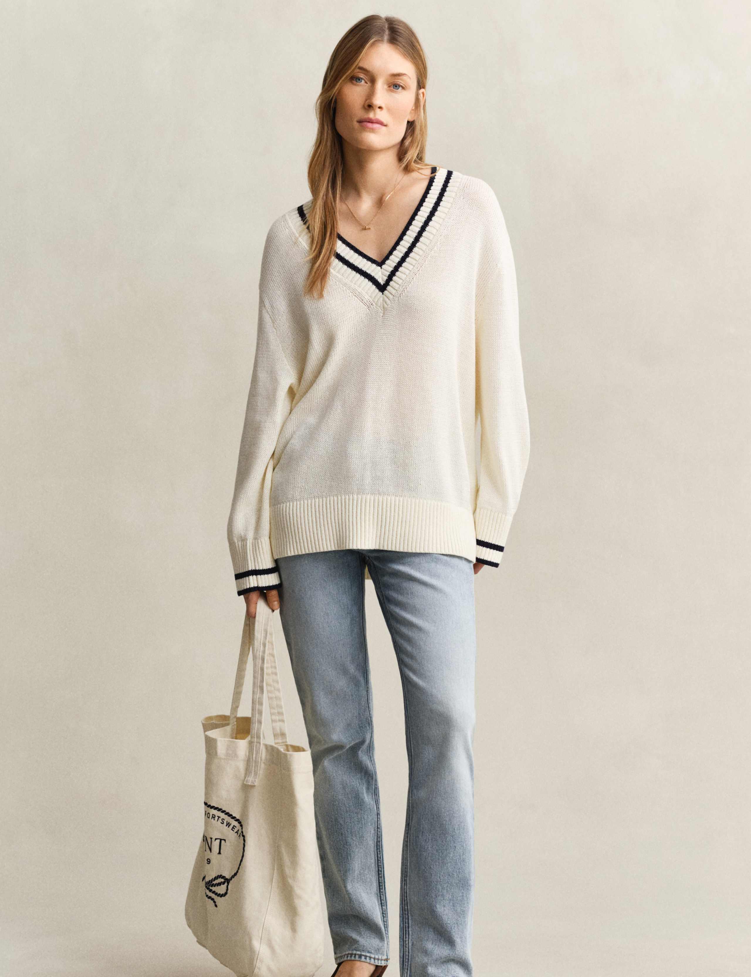 Pure Cotton Ribbed V-Neck Jumper 4 of 7