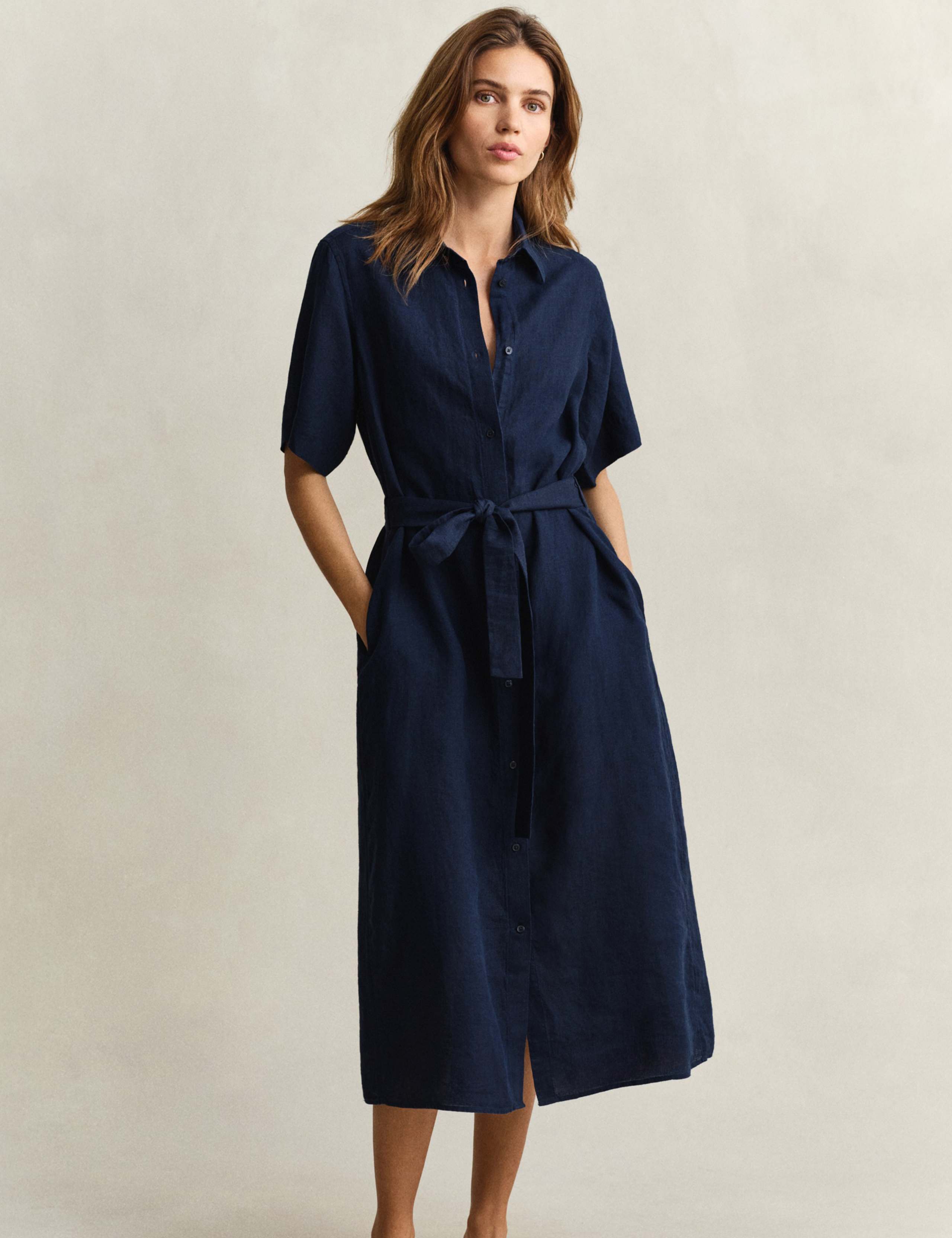 Pure Linen Button Through Midi Shirt Dress 5 of 8