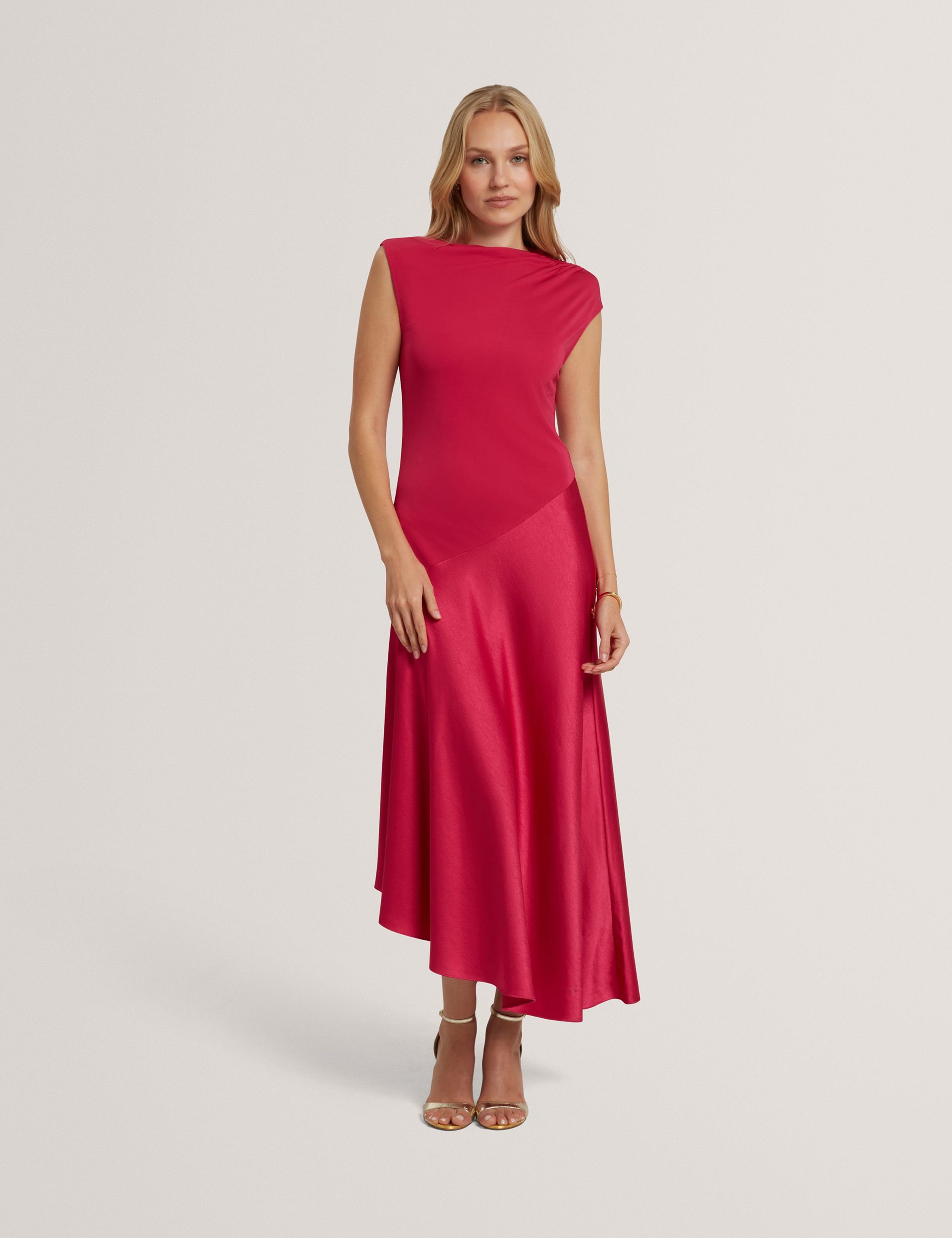 High Neck Satin Asymmetric Skirt Midi Dress 1 of 7