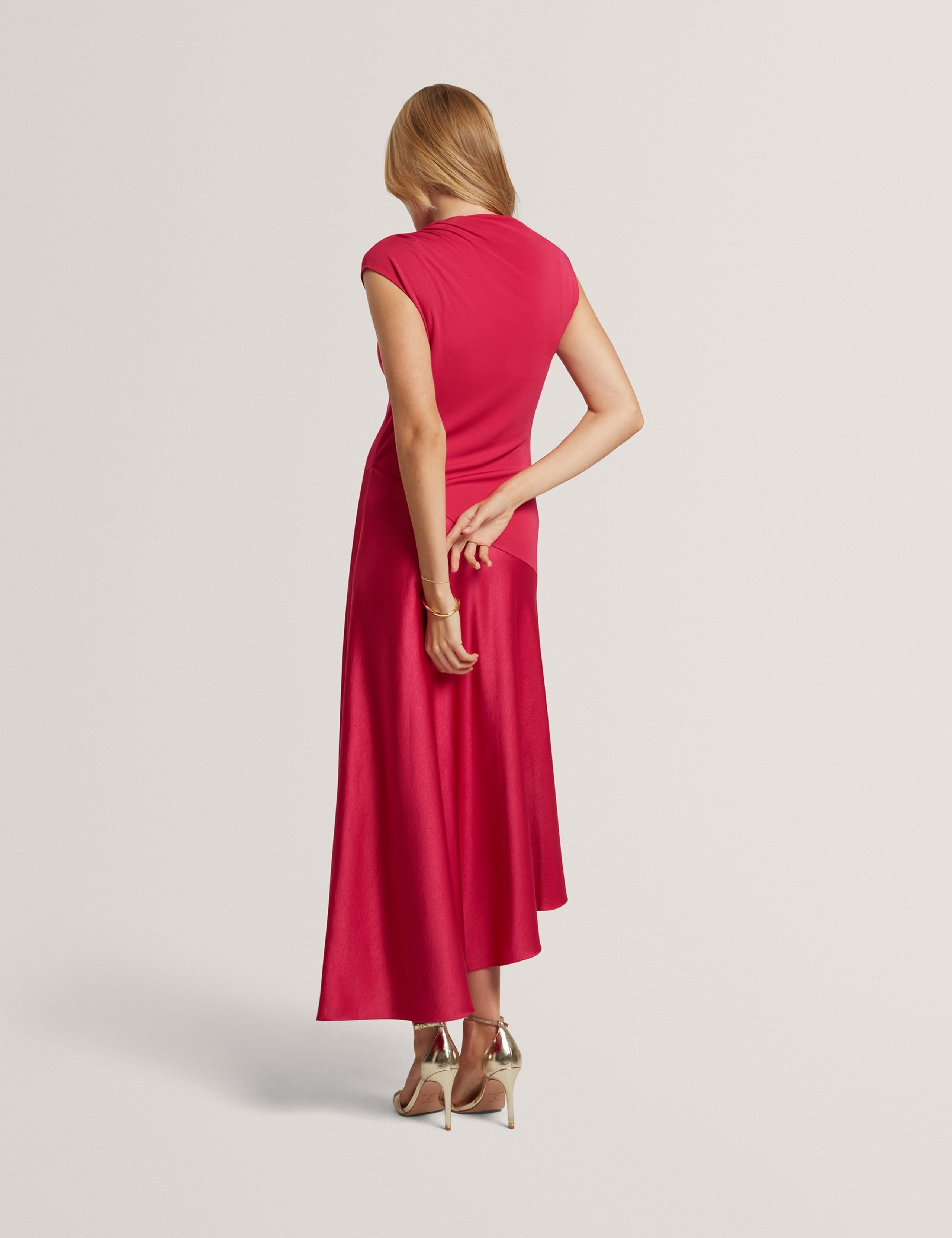High Neck Satin Asymmetric Skirt Midi Dress 4 of 7