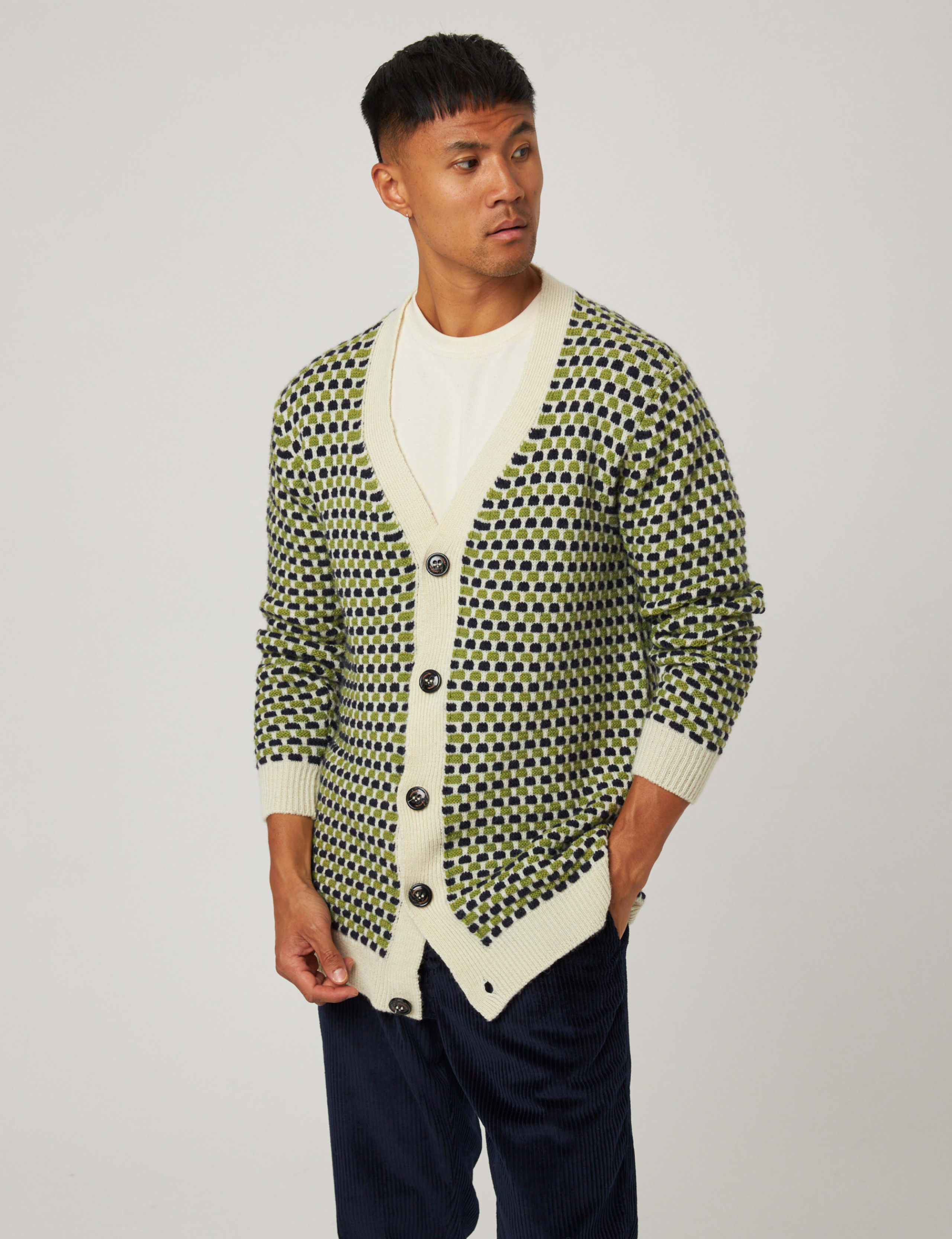 Pure Merino Wool Checked V-Neck Cardigan 1 of 6