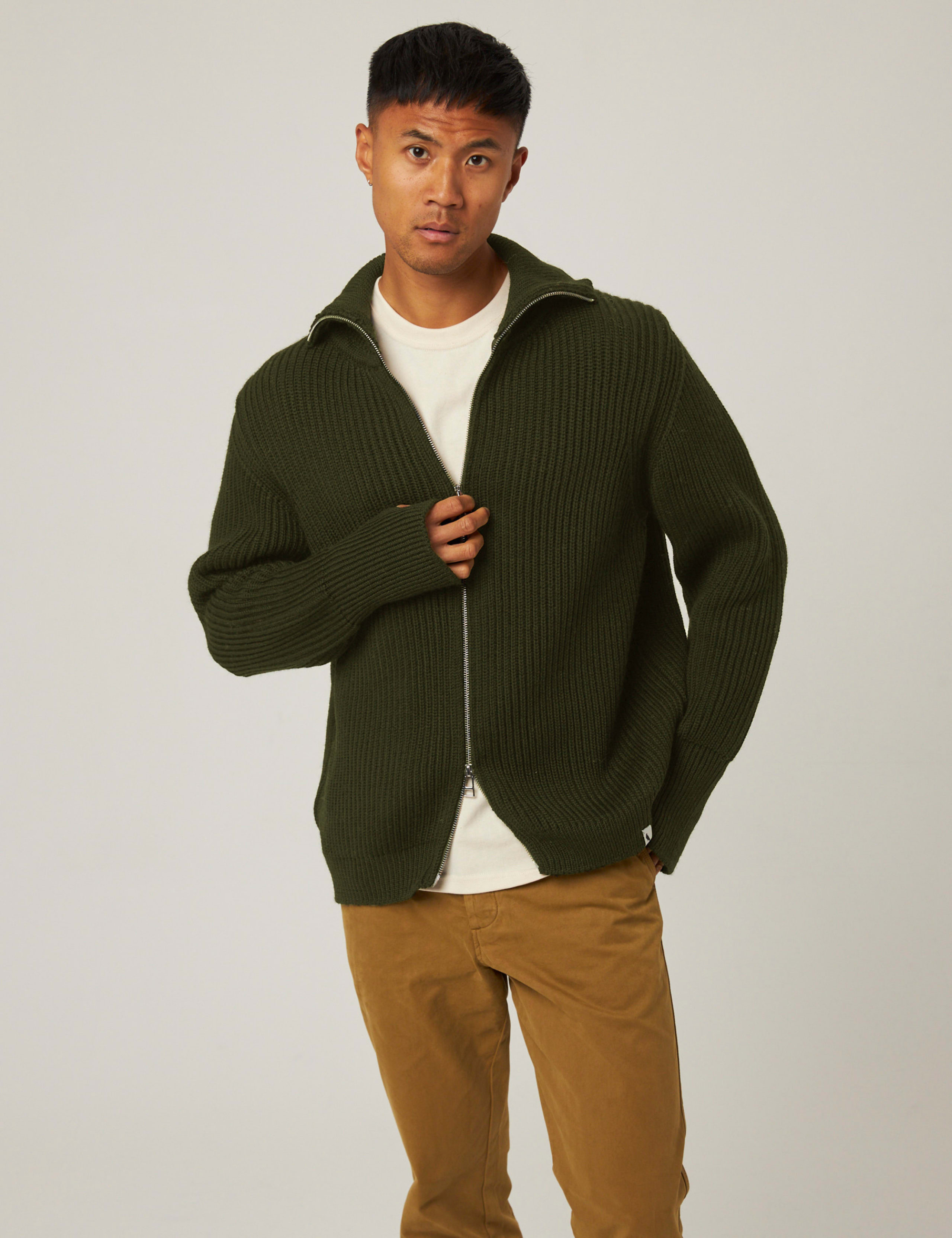 Pure Merino Wool Cable Funnel Neck Cardigan 1 of 6