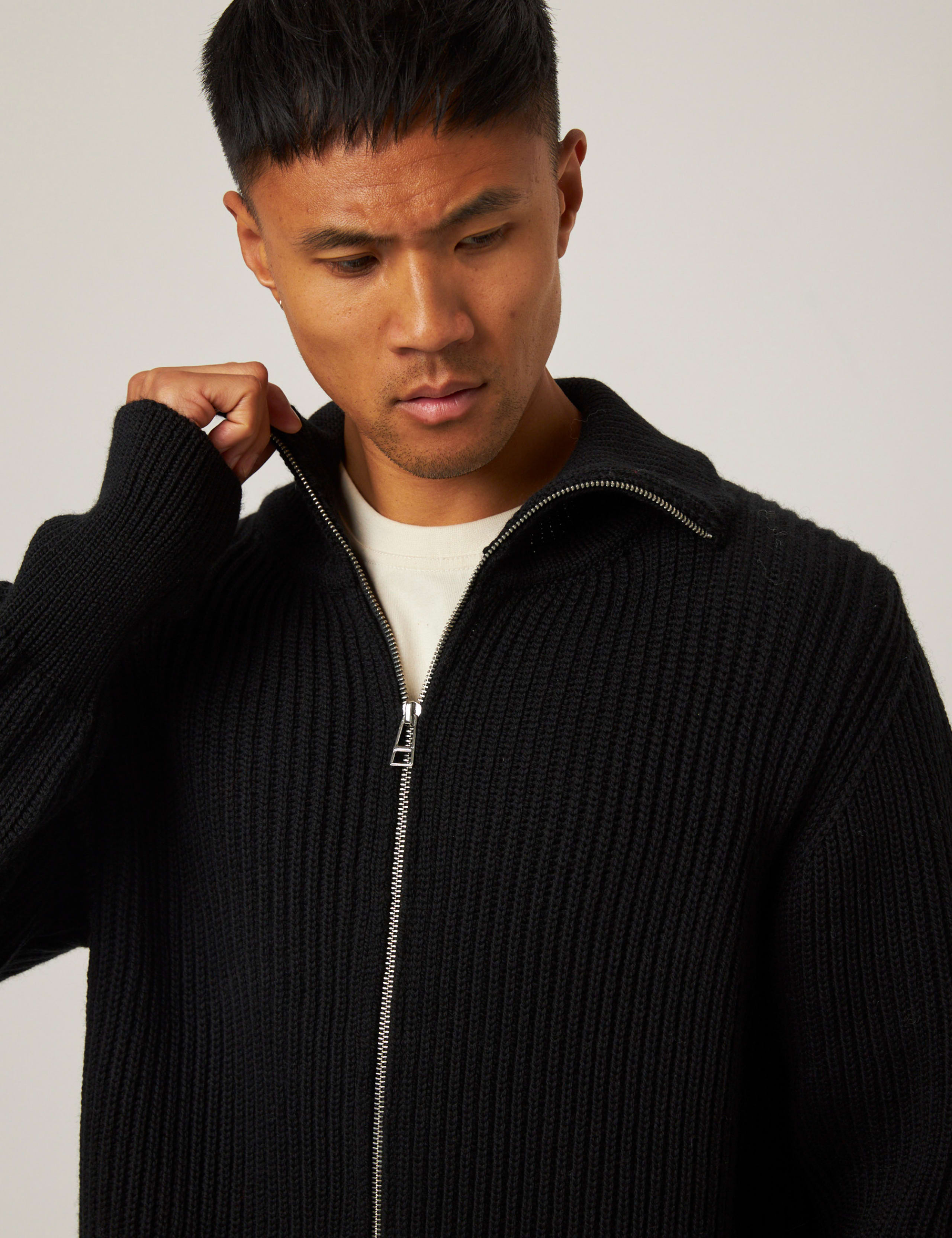 Pure Merino Wool Cable Funnel Neck Cardigan 4 of 8