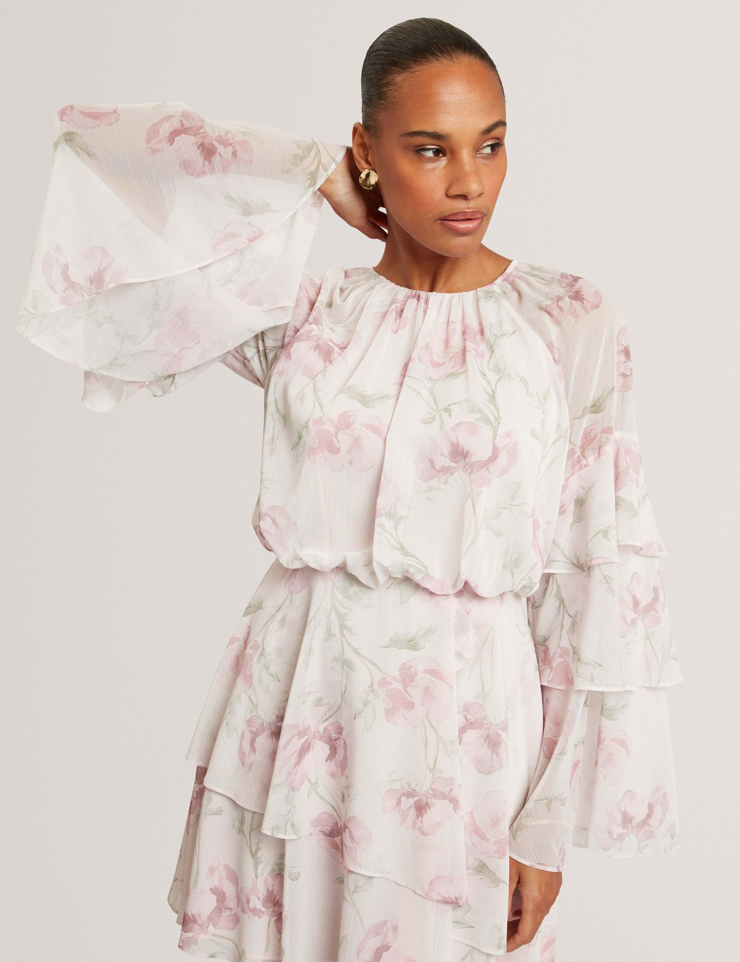 Floral High Neck Tiered Sleeve Mini Dress 4 of 7