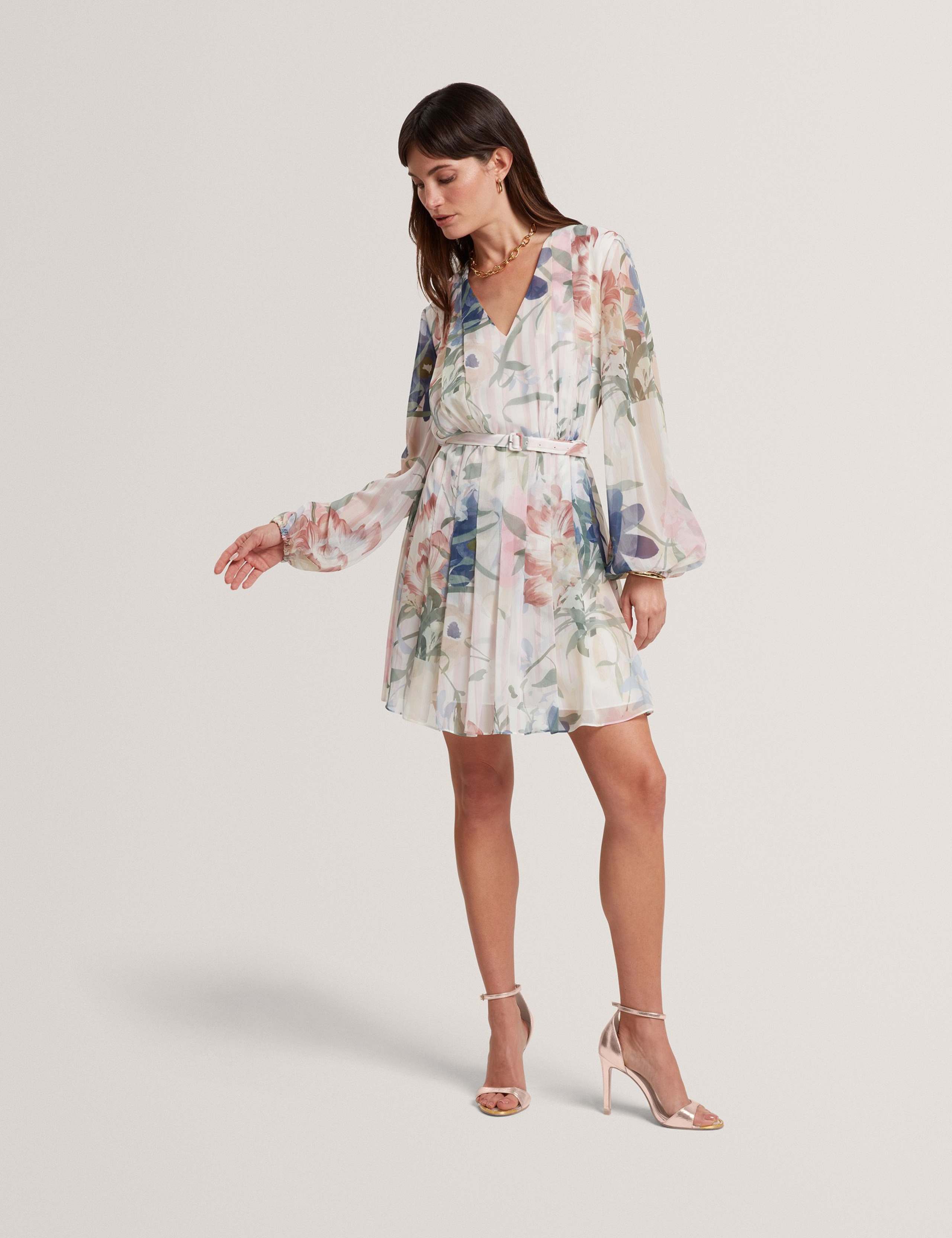 Floral Tie Waist Pleated Mini Smock Dress 1 of 7