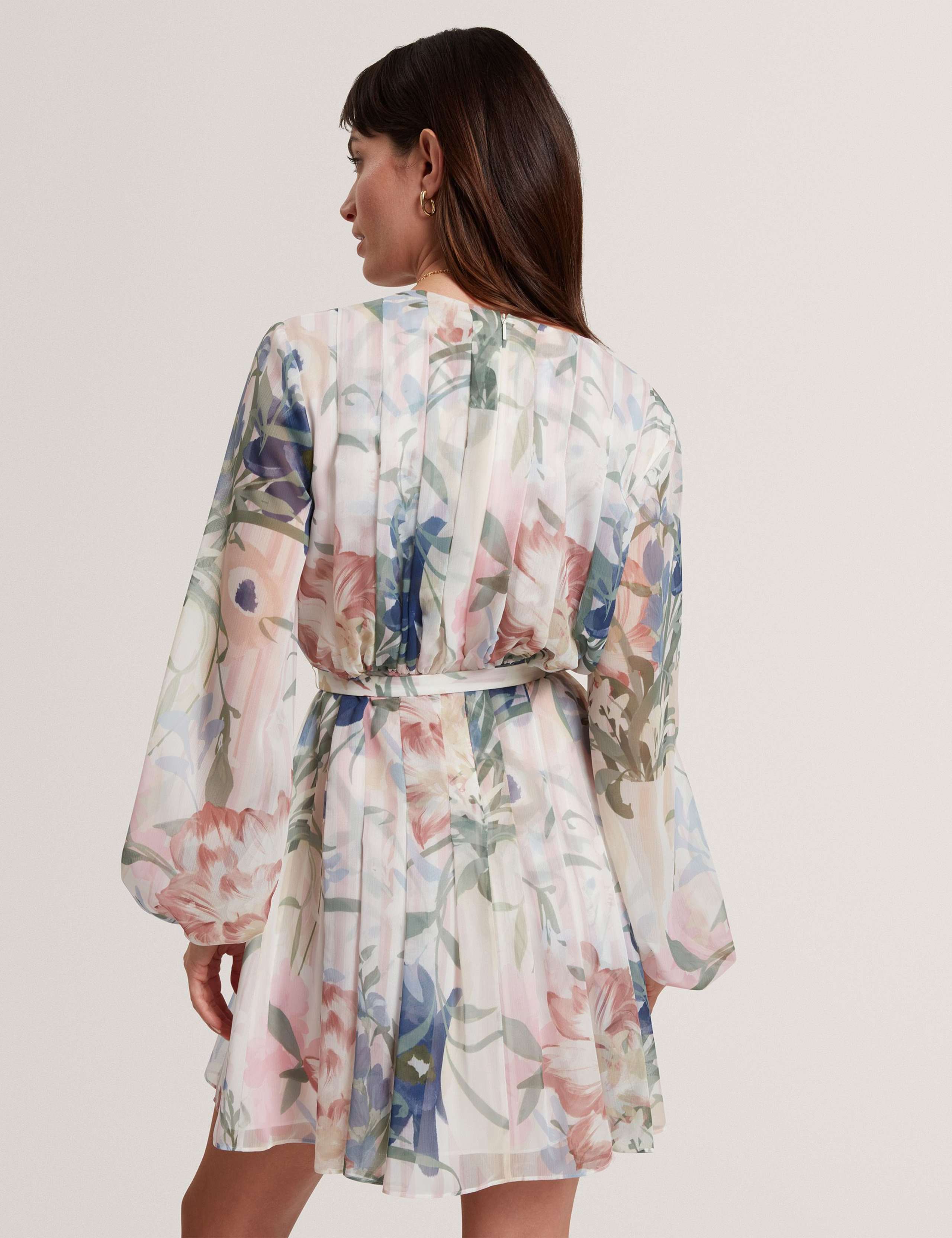 Floral Tie Waist Pleated Mini Smock Dress 4 of 7