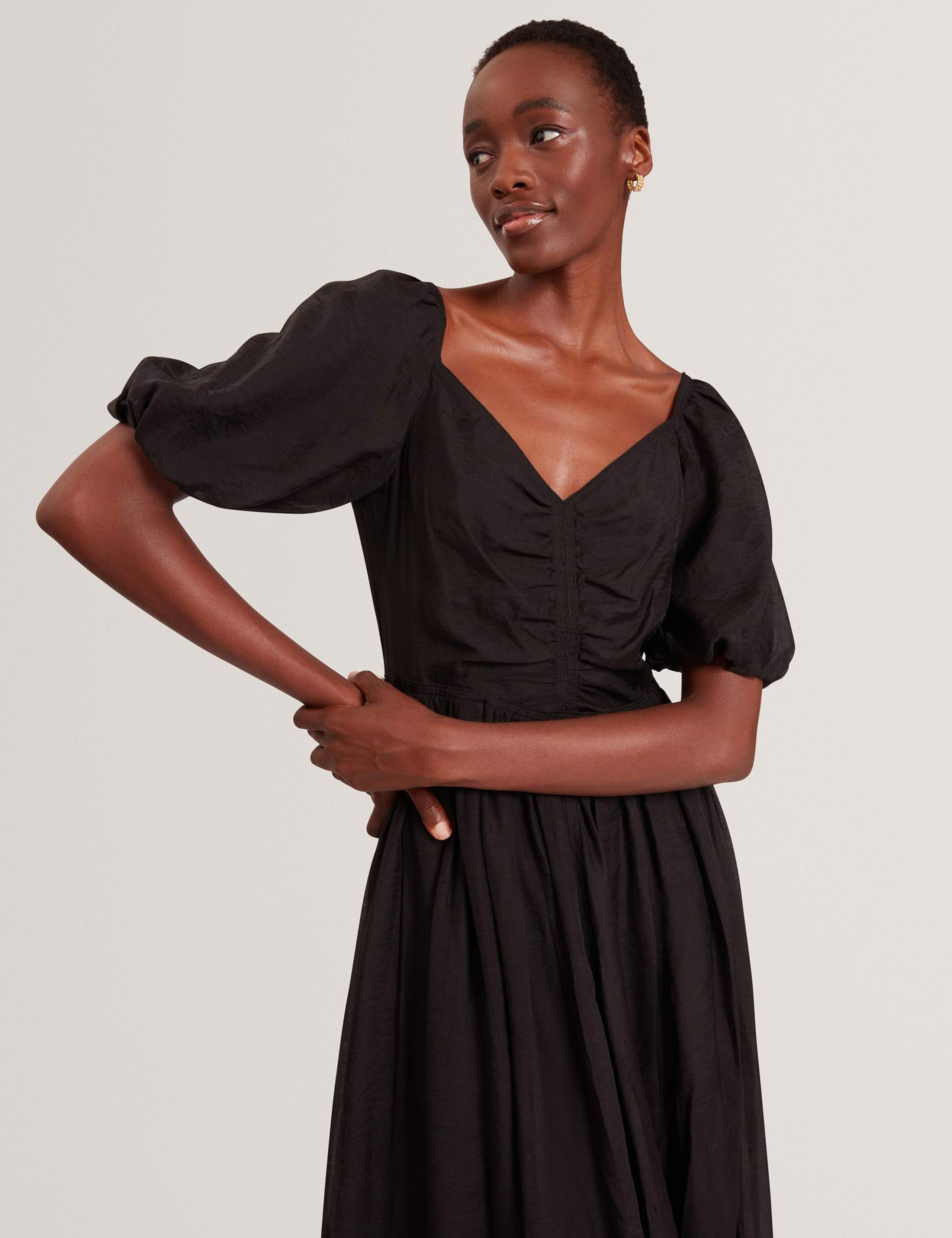 Puff Sleeve Ruched Midi Waisted Dress 3 of 7