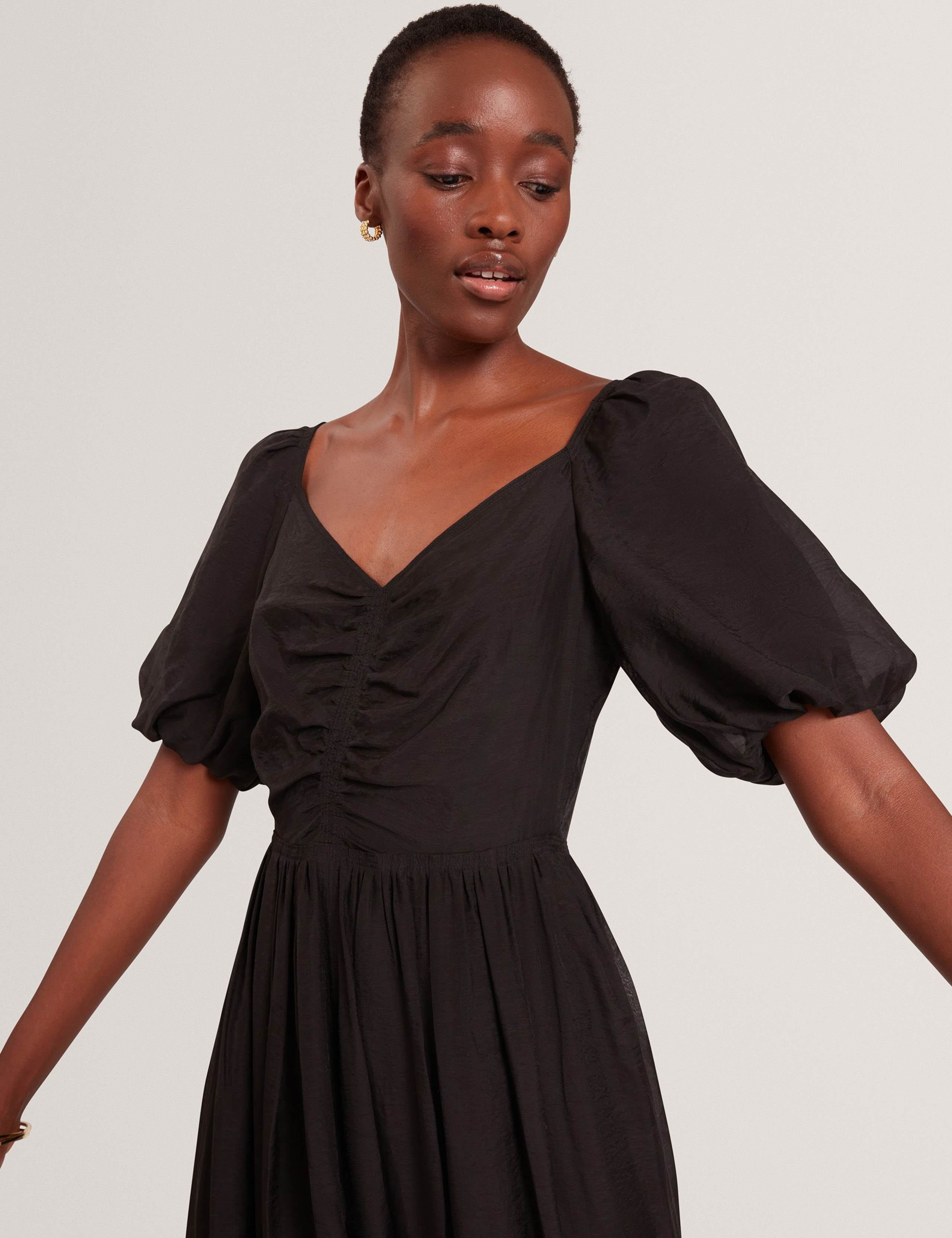 Puff Sleeve Ruched Midi Waisted Dress 4 of 7