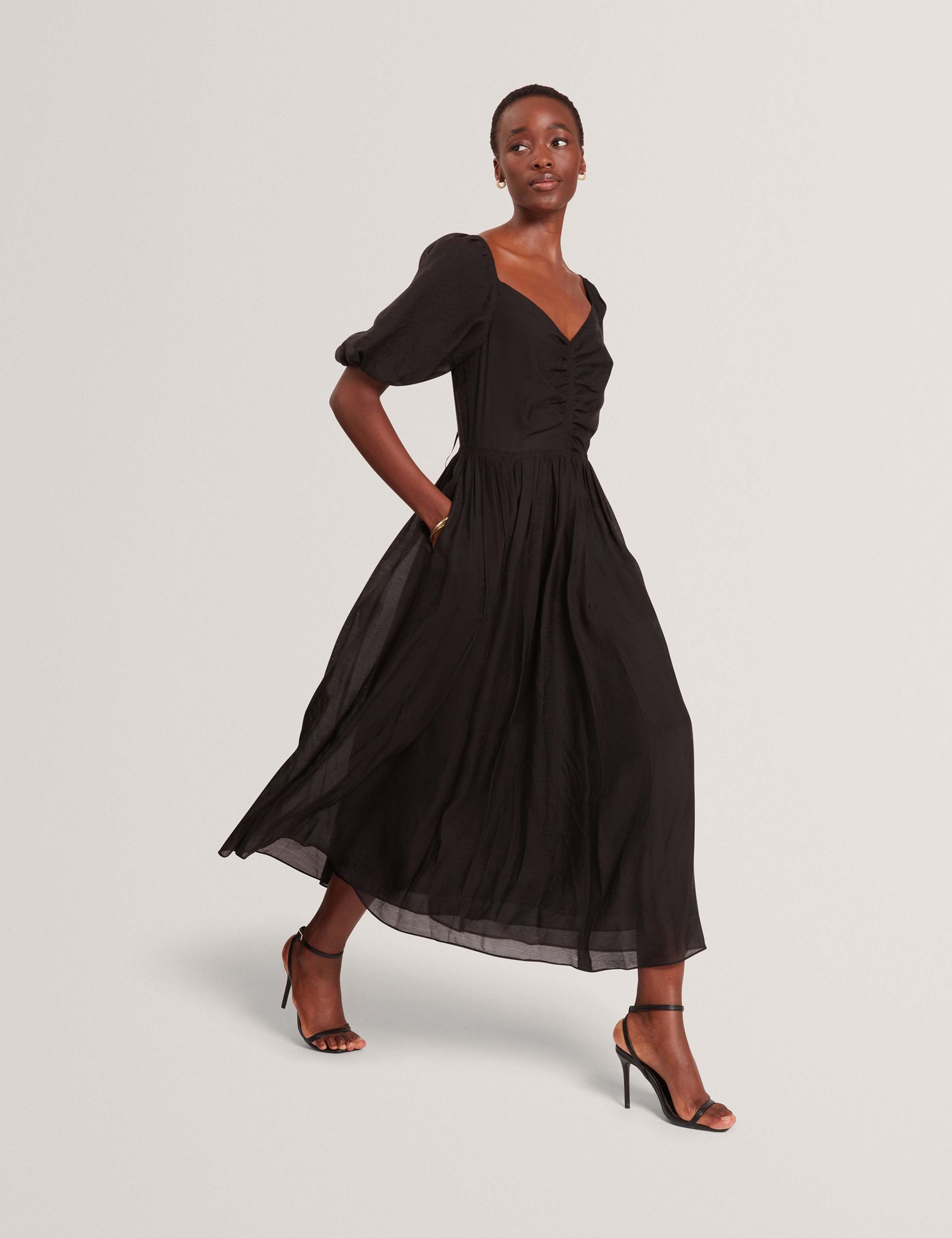 Puff Sleeve Ruched Midi Waisted Dress 7 of 7