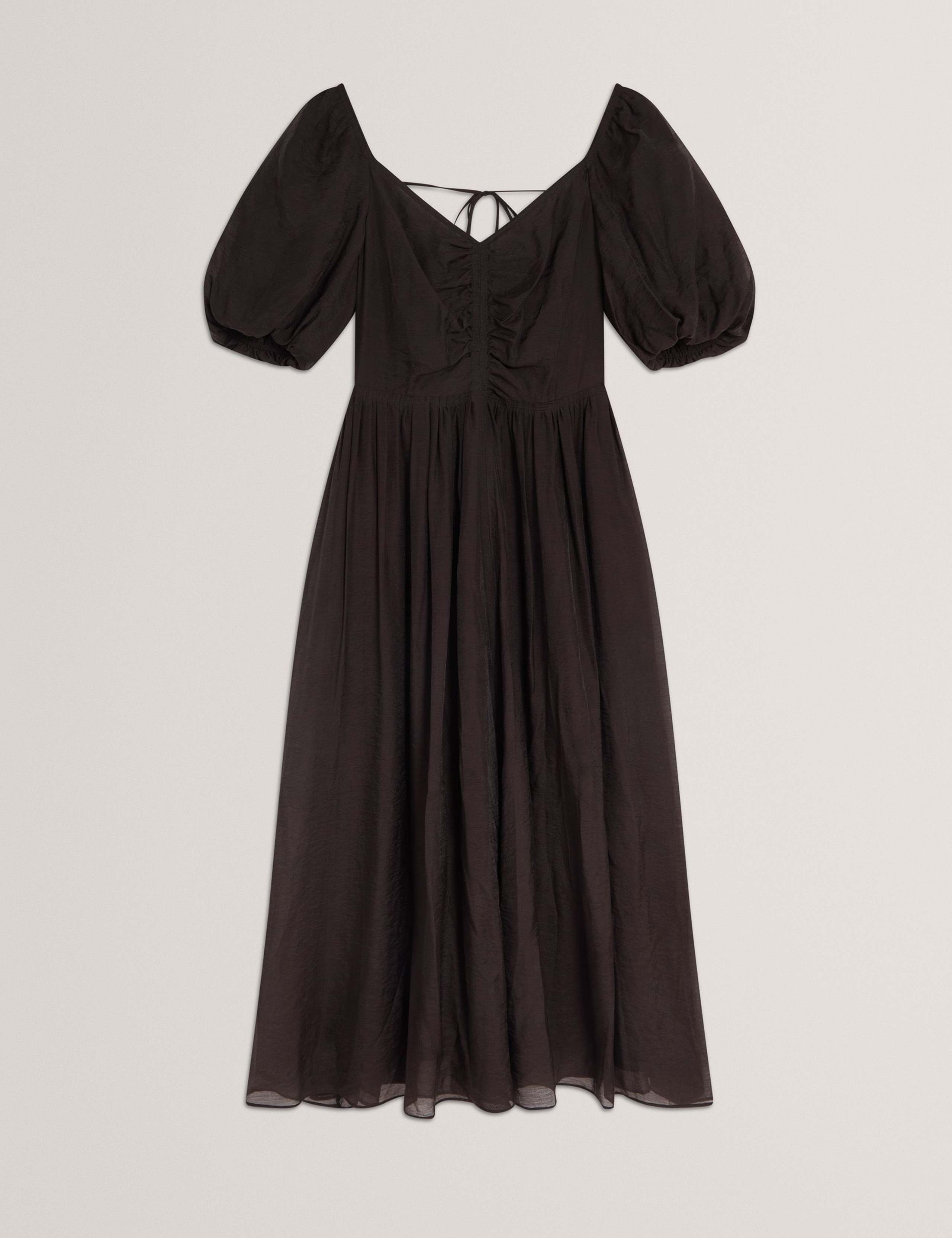 Puff Sleeve Ruched Midi Waisted Dress 2 of 7