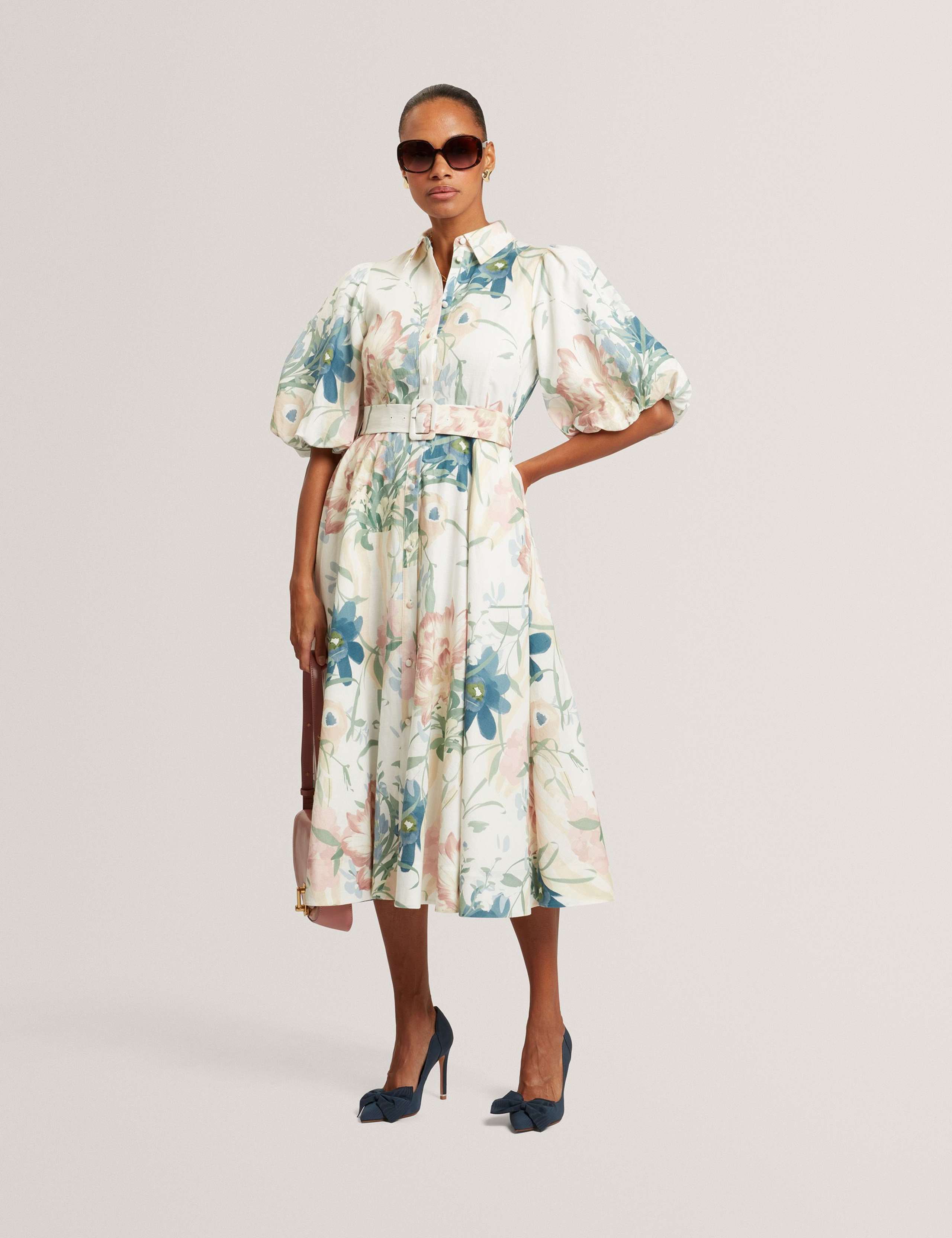 Linen Rich Print Puff Sleeve Midi Shirt Dress 1 of 7