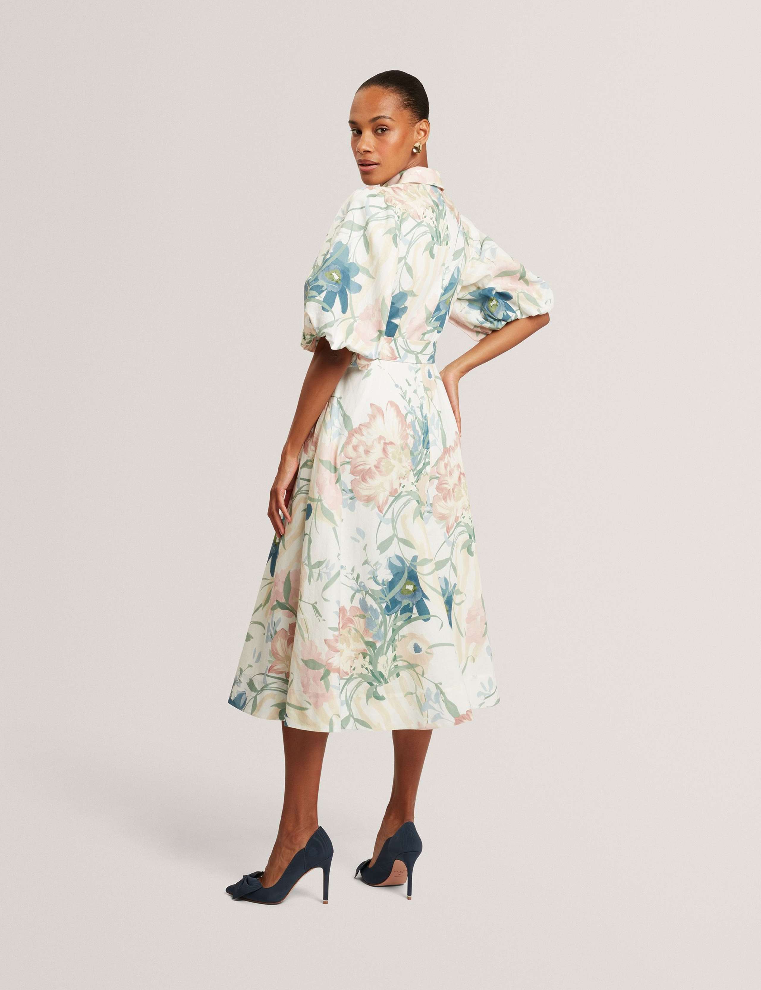 Linen Rich Print Puff Sleeve Midi Shirt Dress 3 of 7