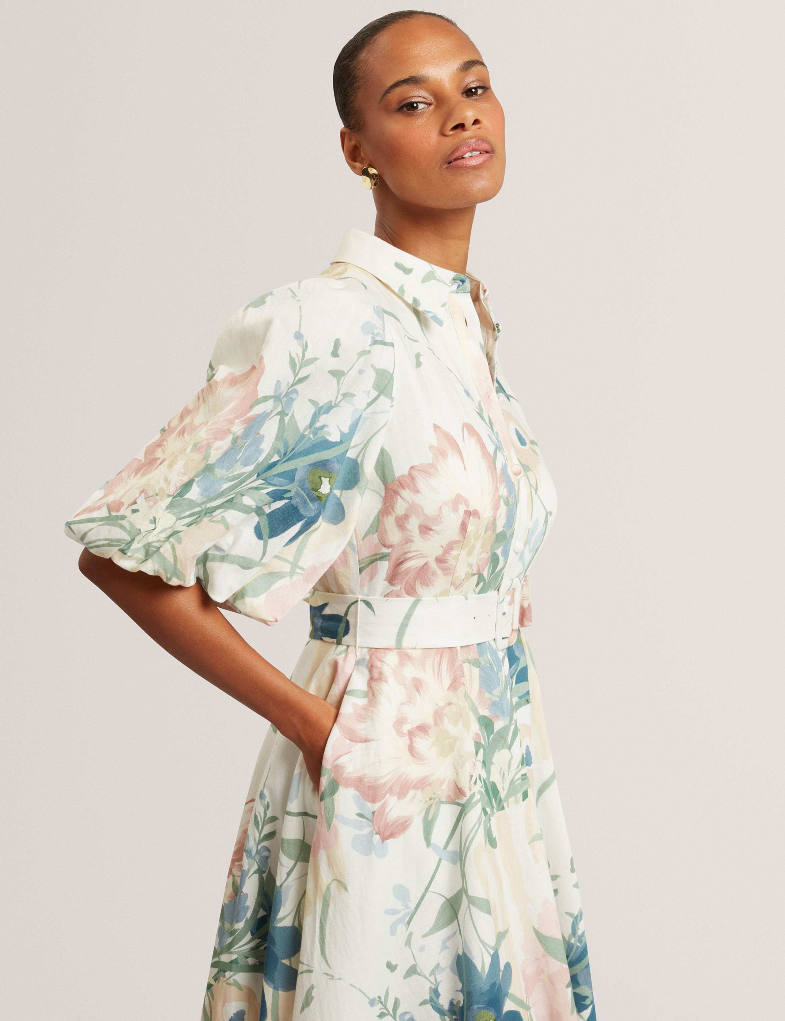 Linen Rich Print Puff Sleeve Midi Shirt Dress 4 of 7
