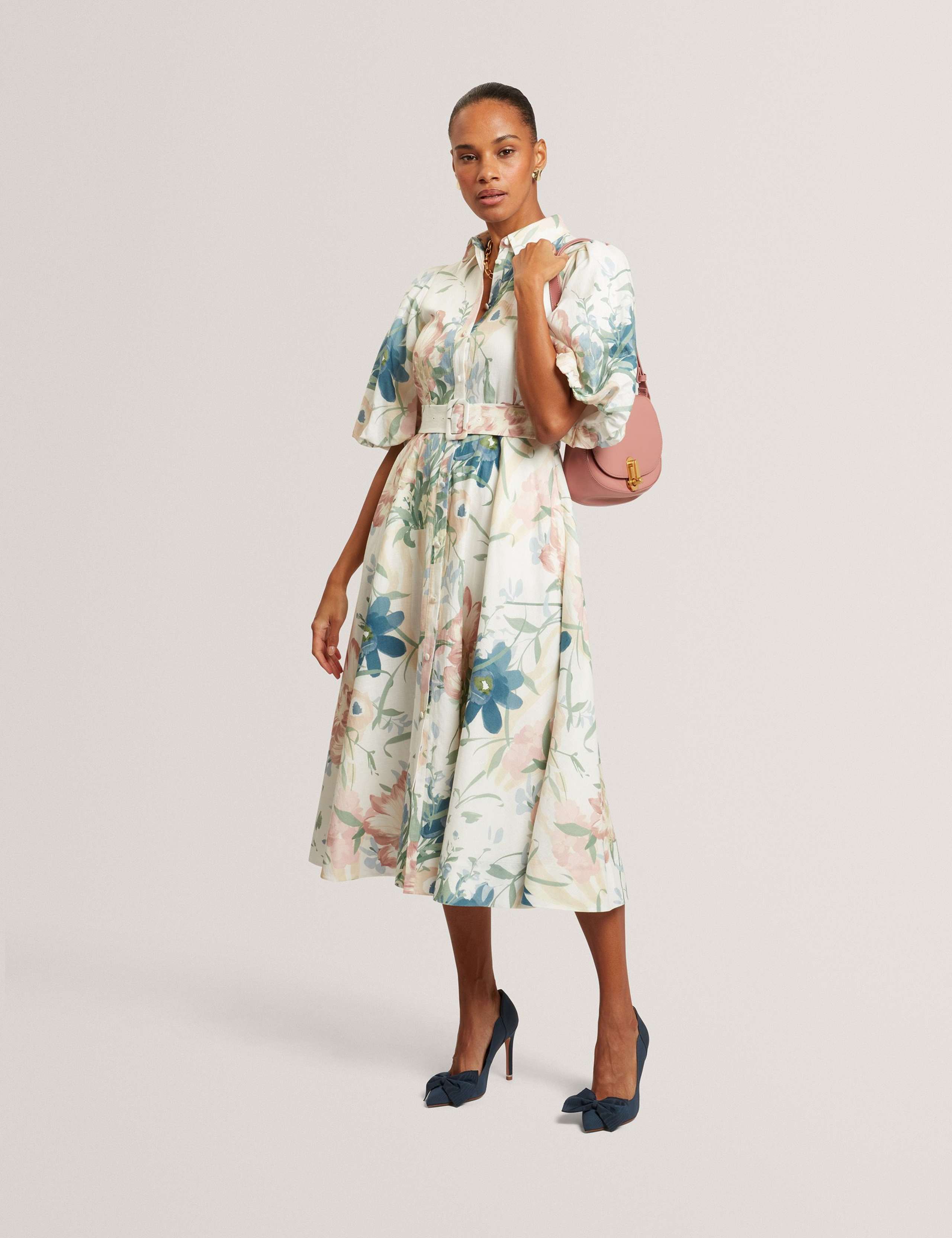 Linen Rich Print Puff Sleeve Midi Shirt Dress 7 of 7