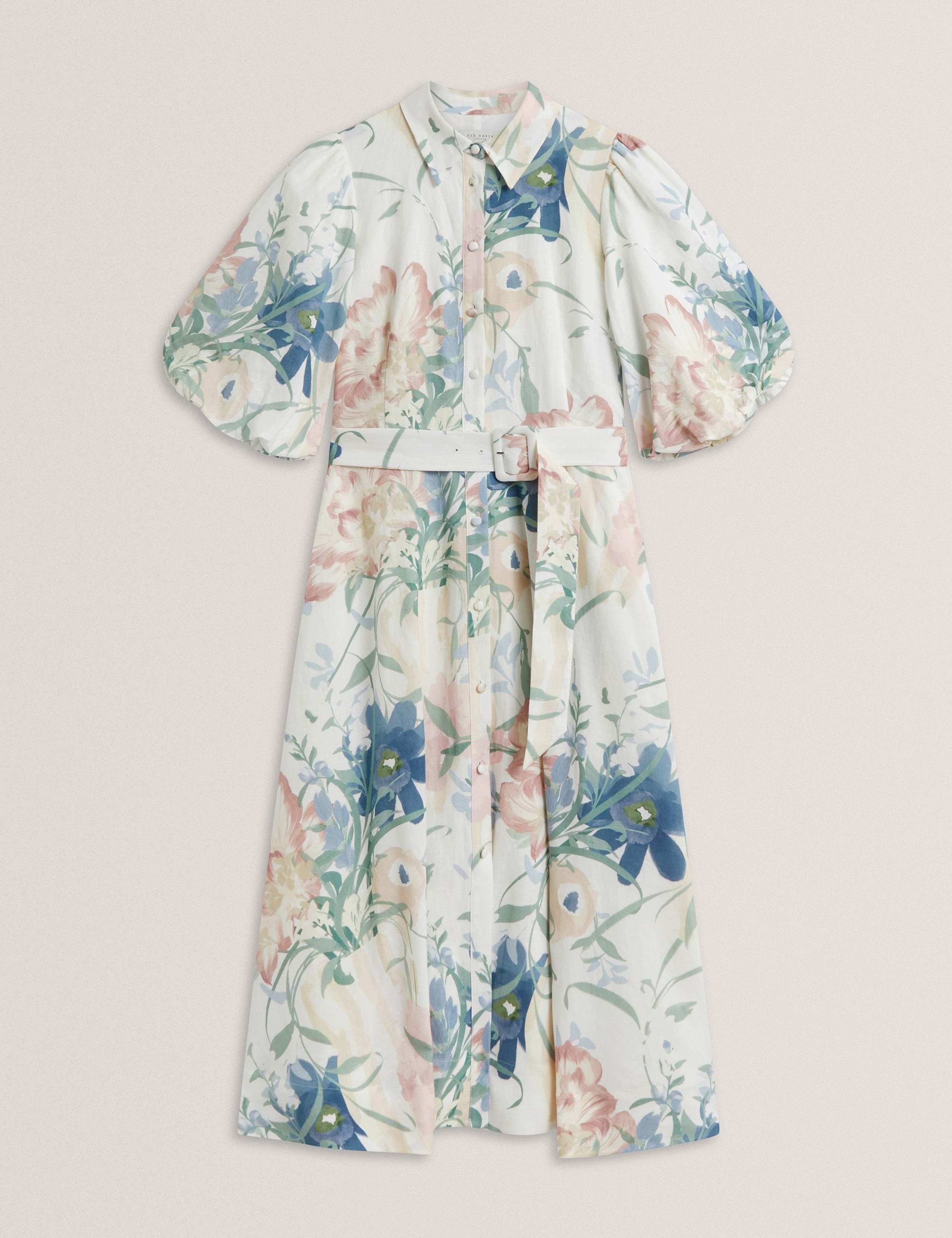 Linen Rich Print Puff Sleeve Midi Shirt Dress 2 of 7