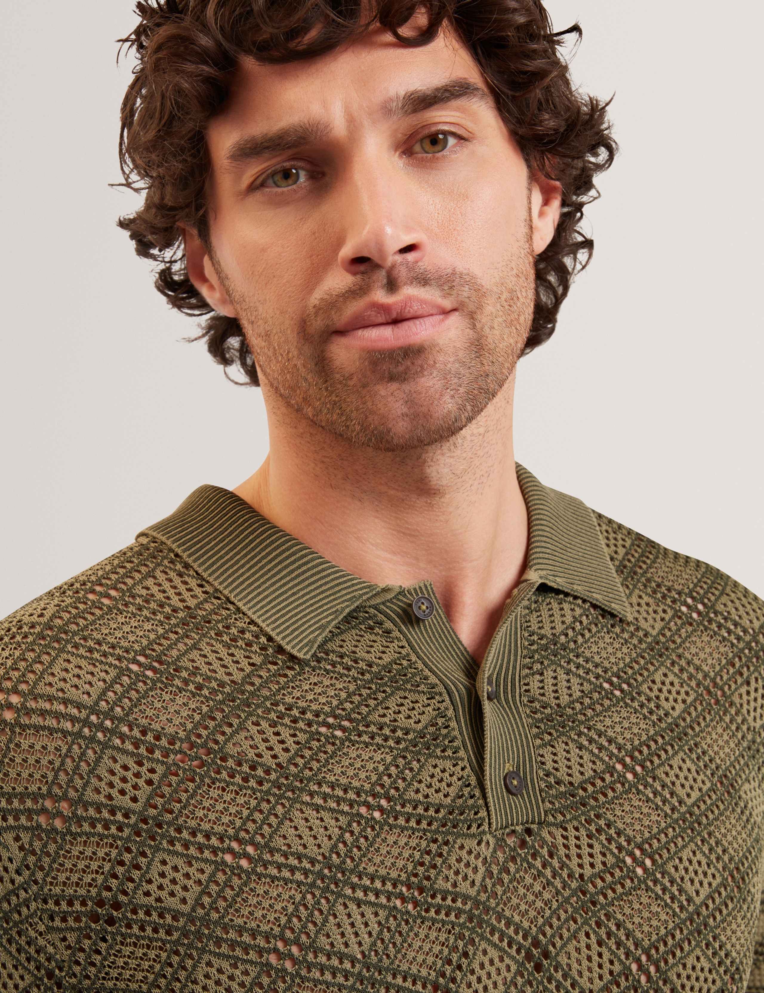 Textured Geometric Open Stitch Polo Shirt 3 of 6
