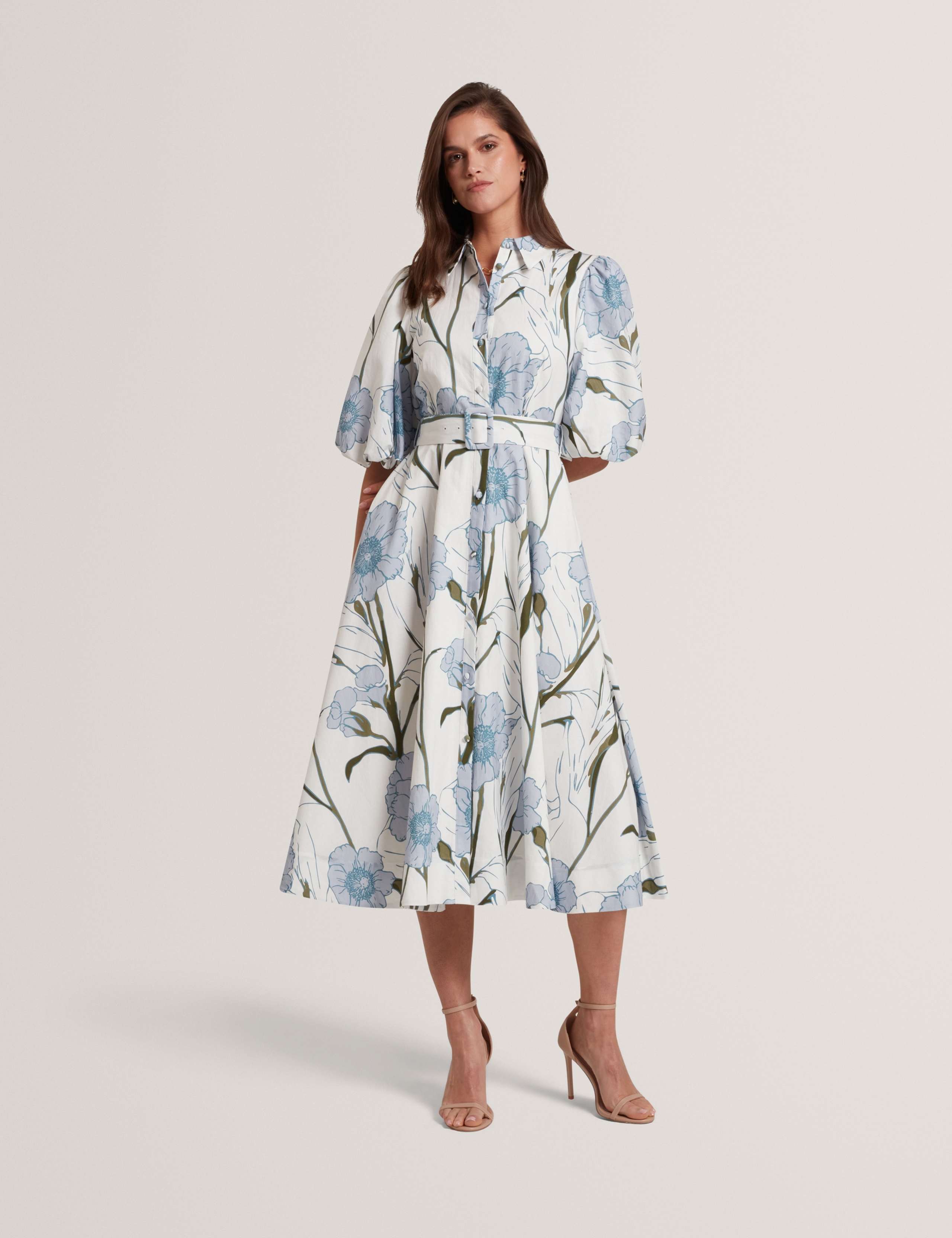 Floral Puff Sleeve Midi Shirt Dress 1 of 6