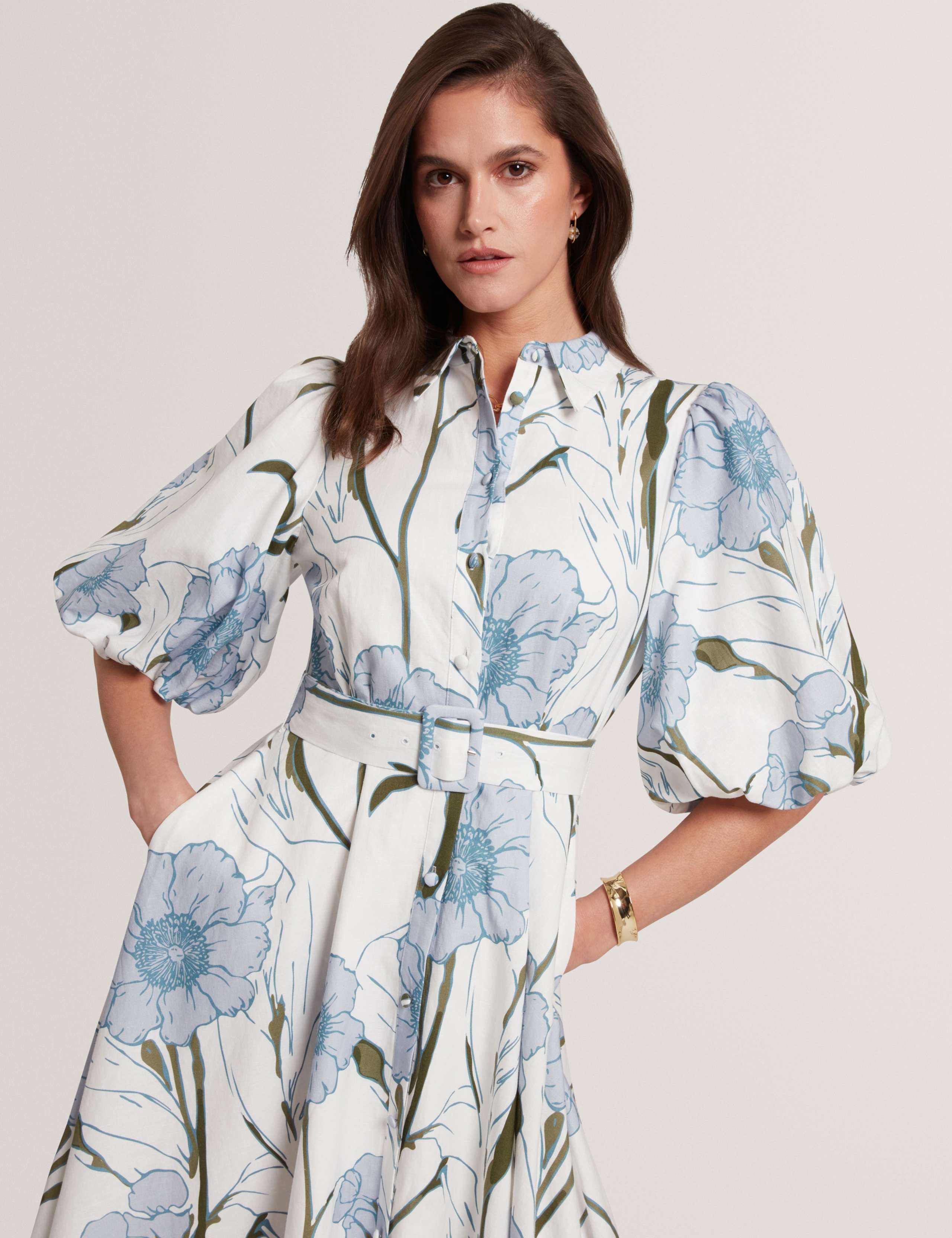 Floral Puff Sleeve Midi Shirt Dress 3 of 6